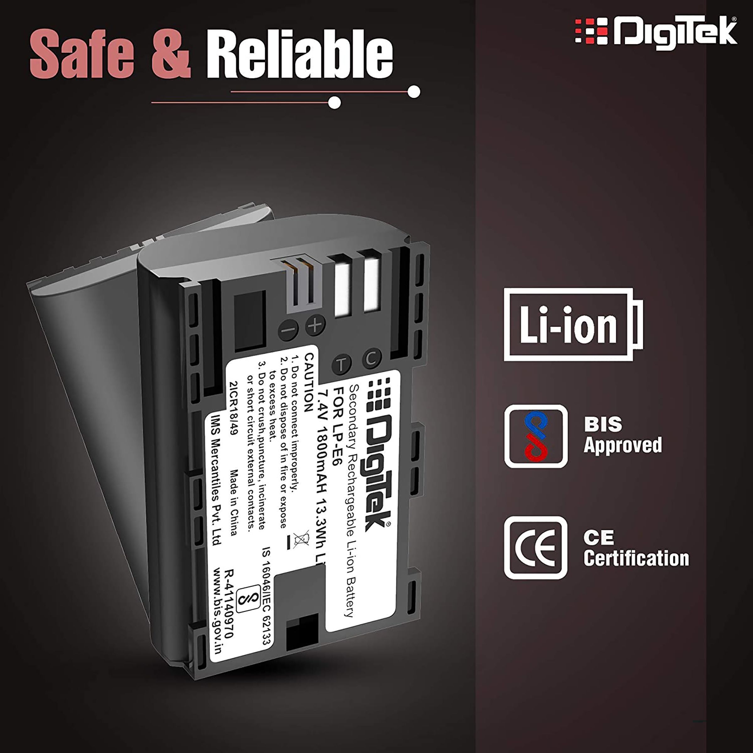DigiTek LP-E6 New 1800 mAh Li-ion Rechargeable Battery for EOS 5D Mark IV, 5Ds, 5DS R, 6D and 6D Mark II_5