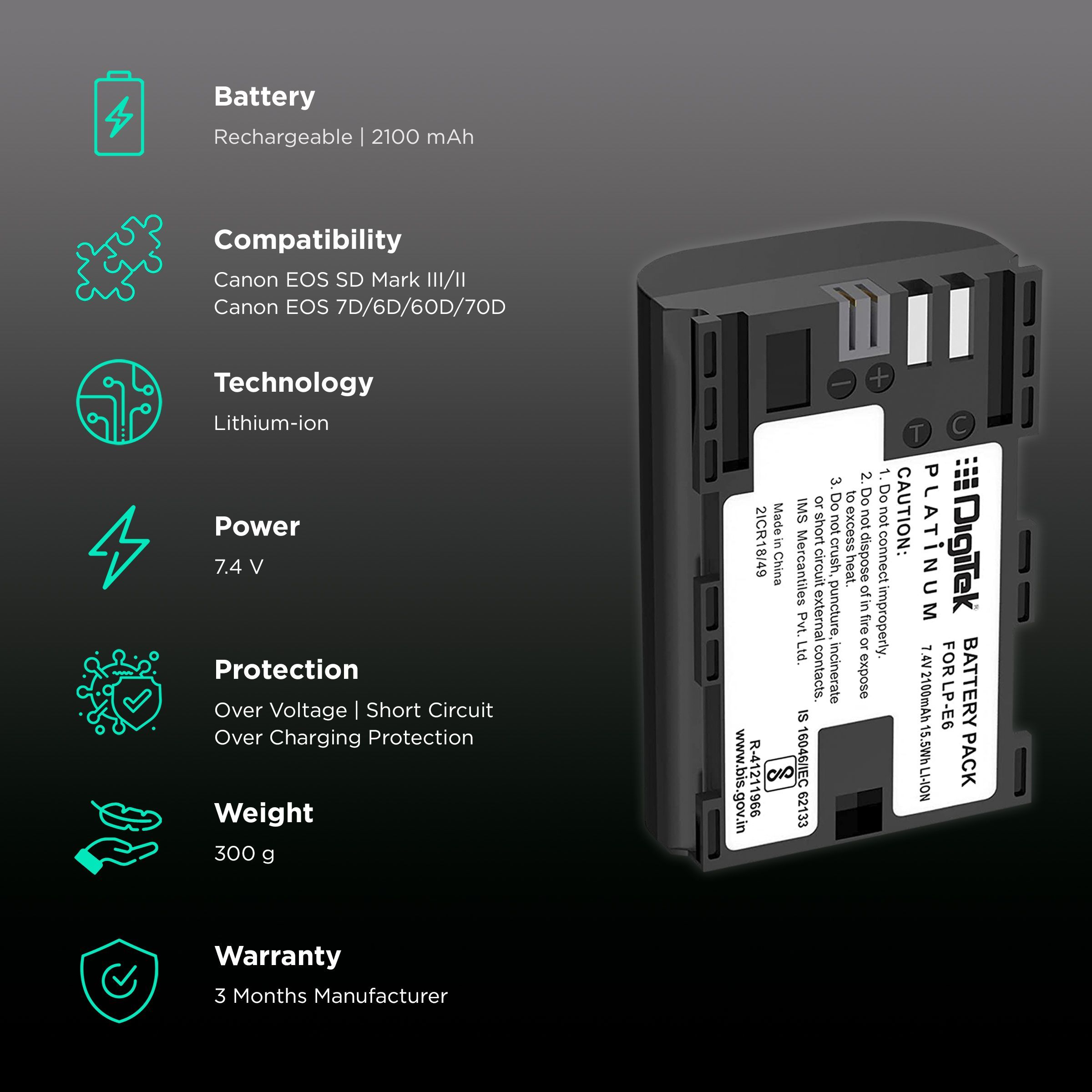 DigiTek LP-E6 Platinum 2100 mAh Li-ion Rechargeable Battery for EOS SD Mark III, SD Mark II, 7D, 6D and 60D_2