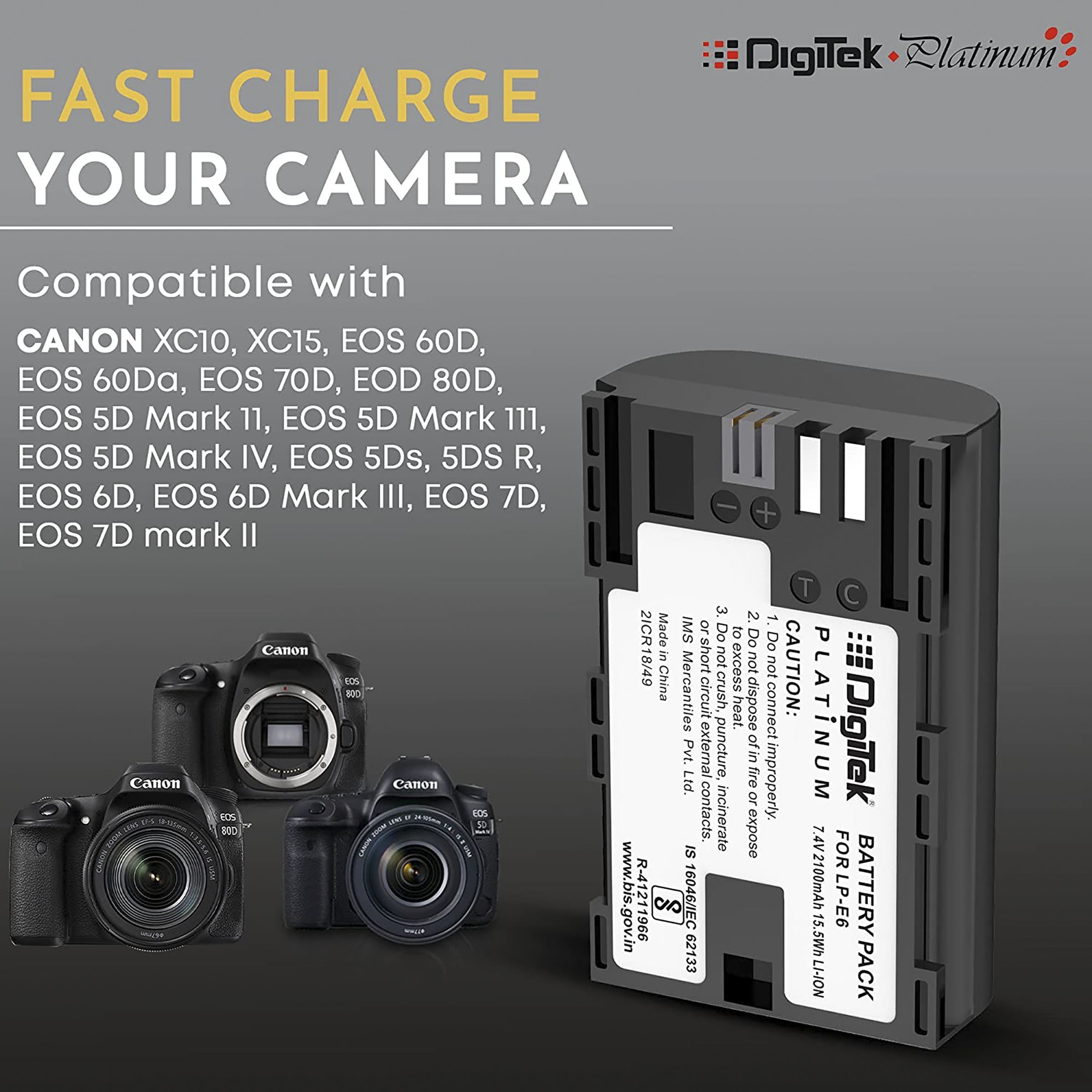 DigiTek LP-E6 Platinum 2100 mAh Li-ion Rechargeable Battery for EOS SD Mark III, SD Mark II, 7D, 6D and 60D_6