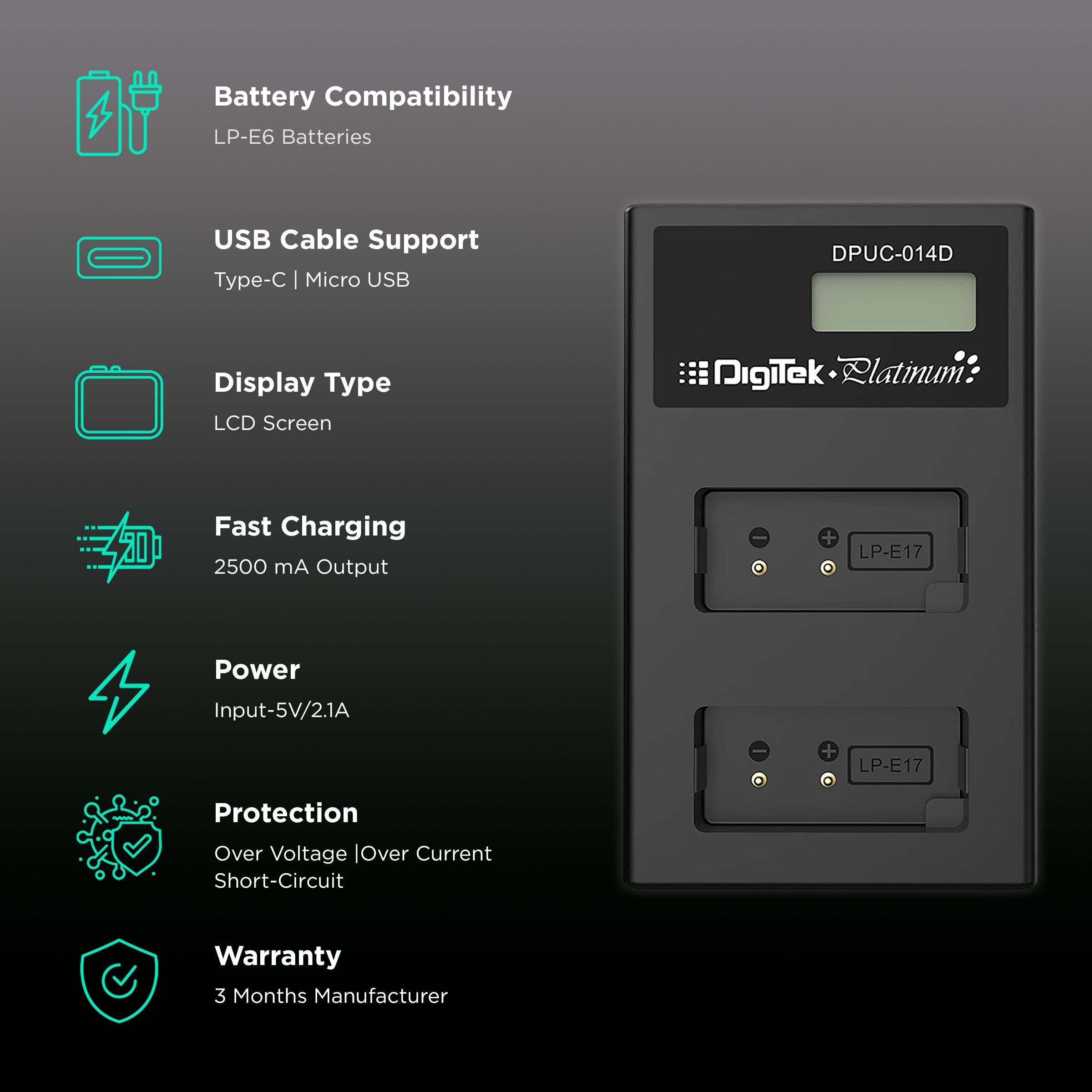DigiTek Platinum DPUC 014D Camera Battery Charger Combo for LP-E6 (2-Ports, Over Voltage Protection) DigiTek Platinum DPUC 014D Camera Battery Charger Combo for LP-E6 (2-Ports, Over Voltage Protection)_2