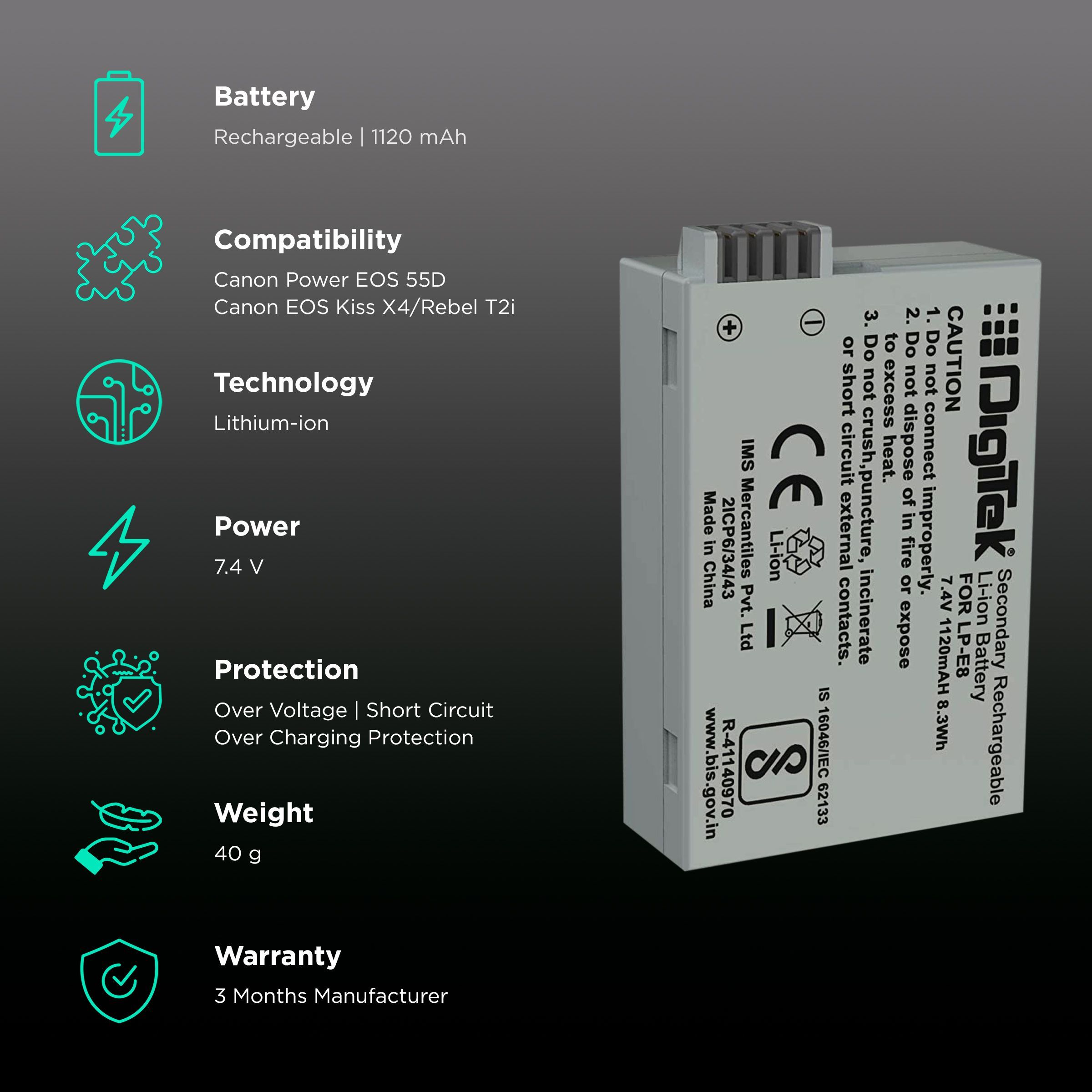 DigiTek LP-E8 1120 mAh Li-ion Rechargeable Battery for Power EOS 55D, 600D, D650, 700D and EOS Rebel T2i DigiTek LP-E8 1120 mAh Li-ion Rechargeable Battery for Power EOS 55D, 600D, D650, 700D and EOS Rebel T2i_2