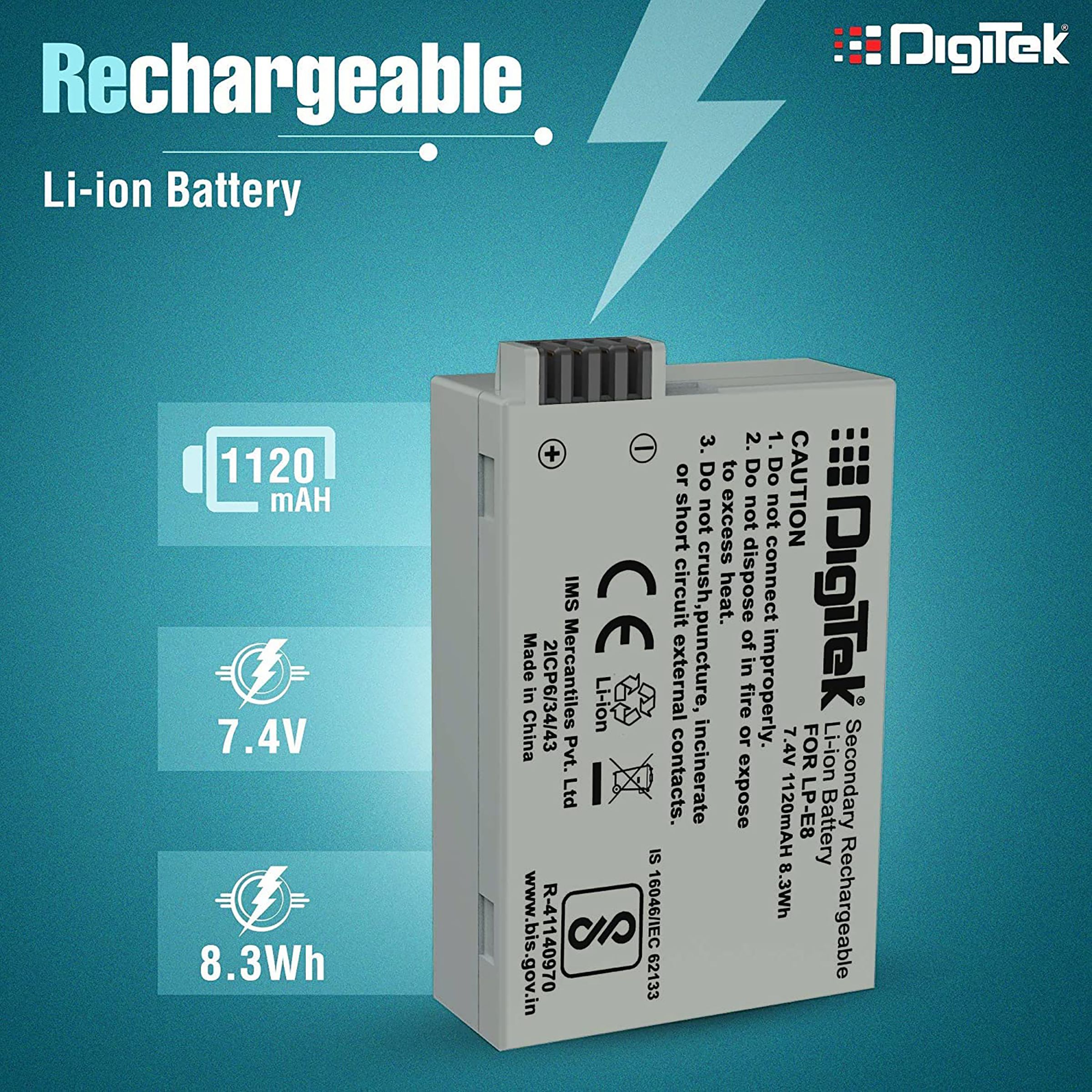 DigiTek LP-E8 1120 mAh Li-ion Rechargeable Battery for Power EOS 55D, 600D, D650, 700D and EOS Rebel T2i DigiTek LP-E8 1120 mAh Li-ion Rechargeable Battery for Power EOS 55D, 600D, D650, 700D and EOS Rebel T2i_4