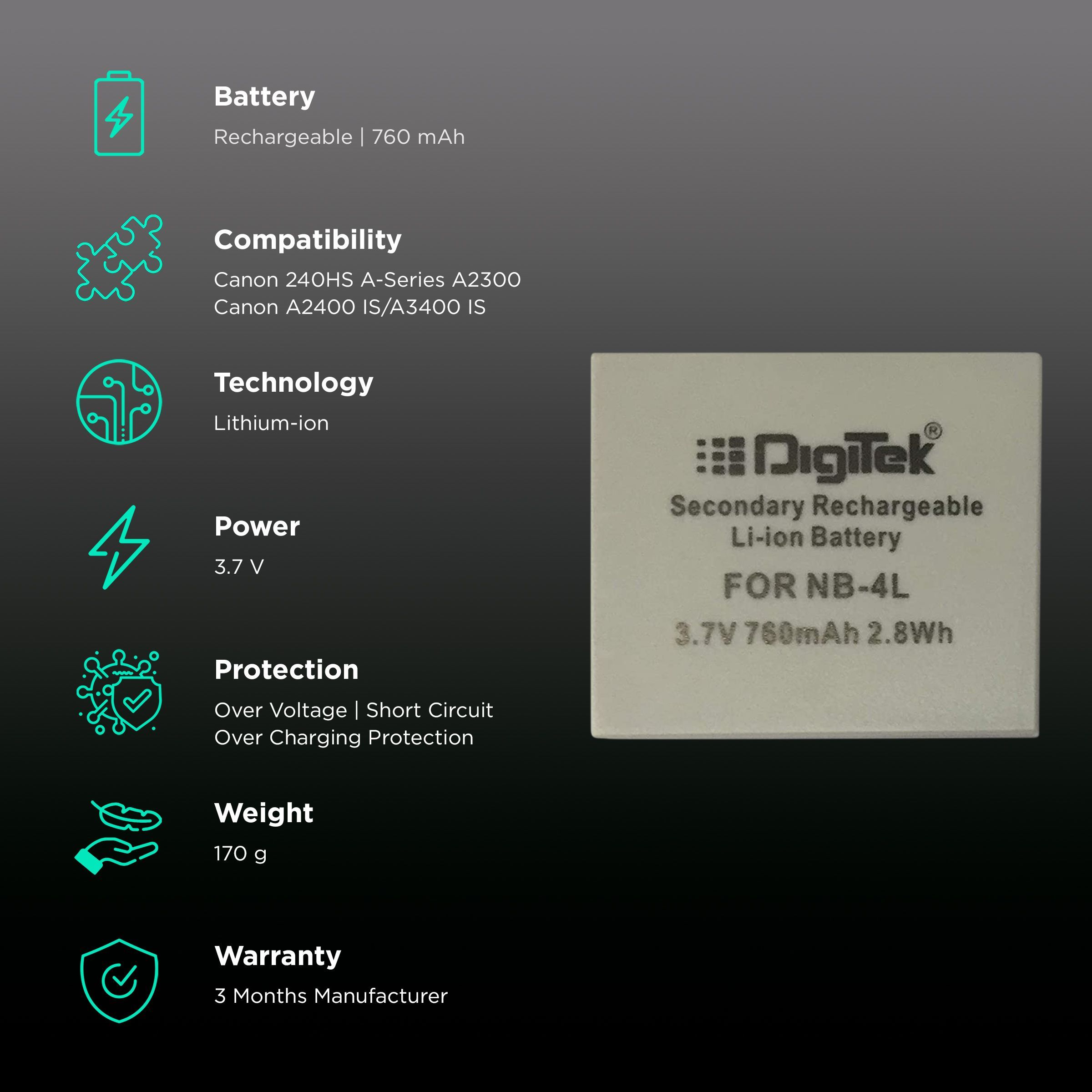 DigiTek NB-4L 760 mAh Li-ion Rechargeable Battery for A2300, A2300, A2400 IS, A2600, A3400 IS and A4000_2