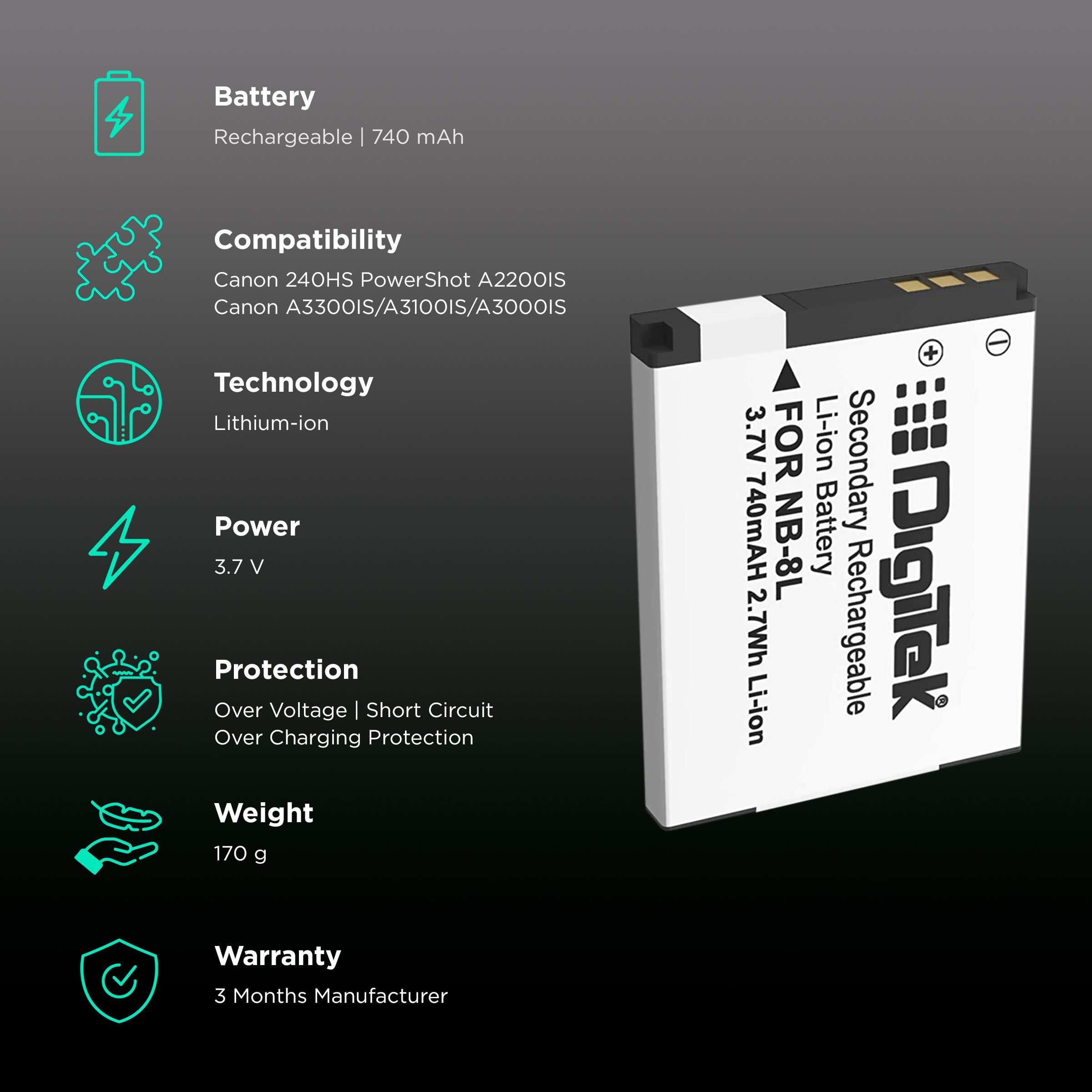 DigiTek NB-8L 740 mAh Li-ion Rechargeable Battery for PowerShot A2200IS, A3300IS, A3100IS, A3000IS and A3200IS_2