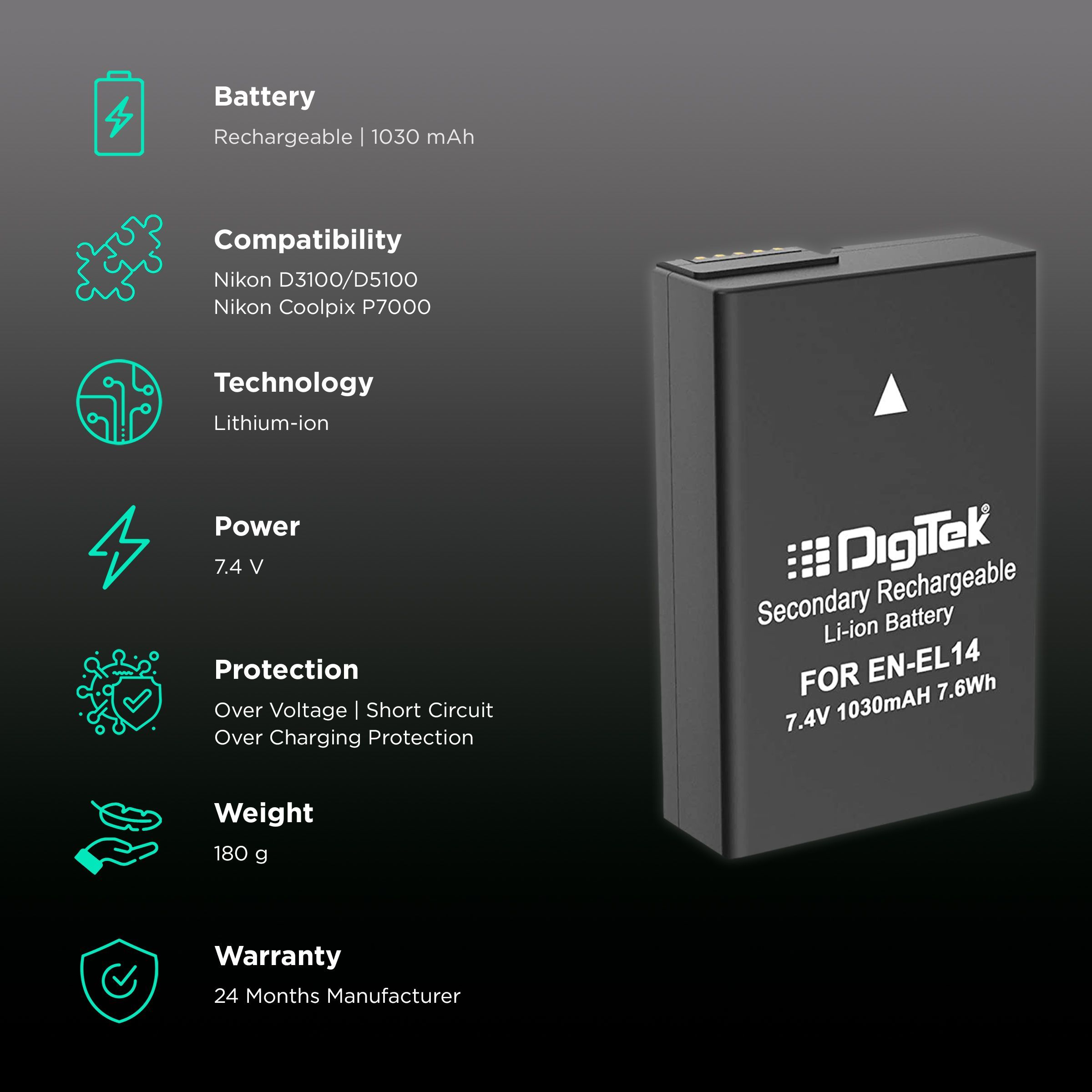DigiTek EN-EL14 Plus 1030 mAh Li-ion Rechargeable Battery for D3100, D5100 and Coolpix P7000_2