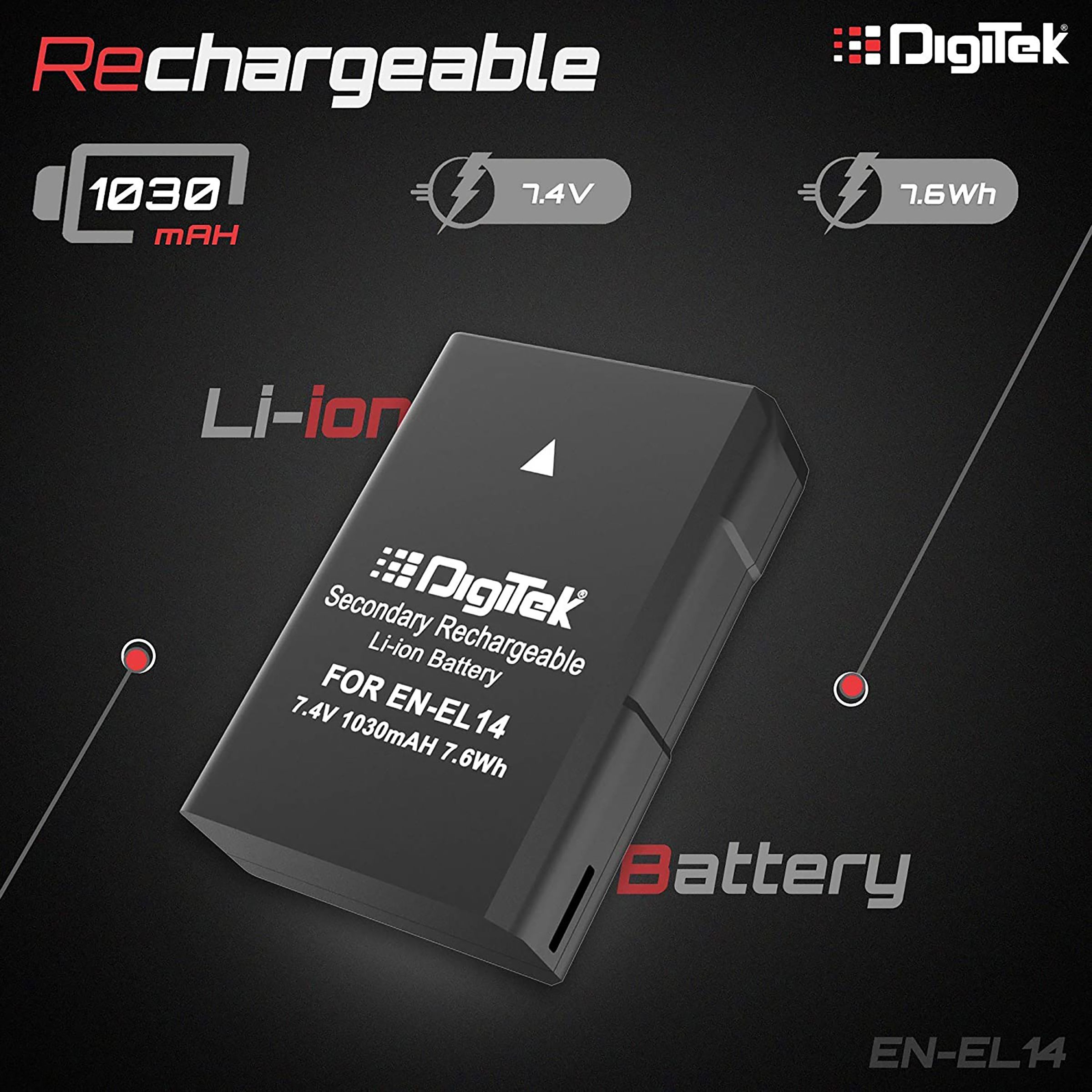 DigiTek EN-EL14 Plus 1030 mAh Li-ion Rechargeable Battery for D3100, D5100 and Coolpix P7000_3