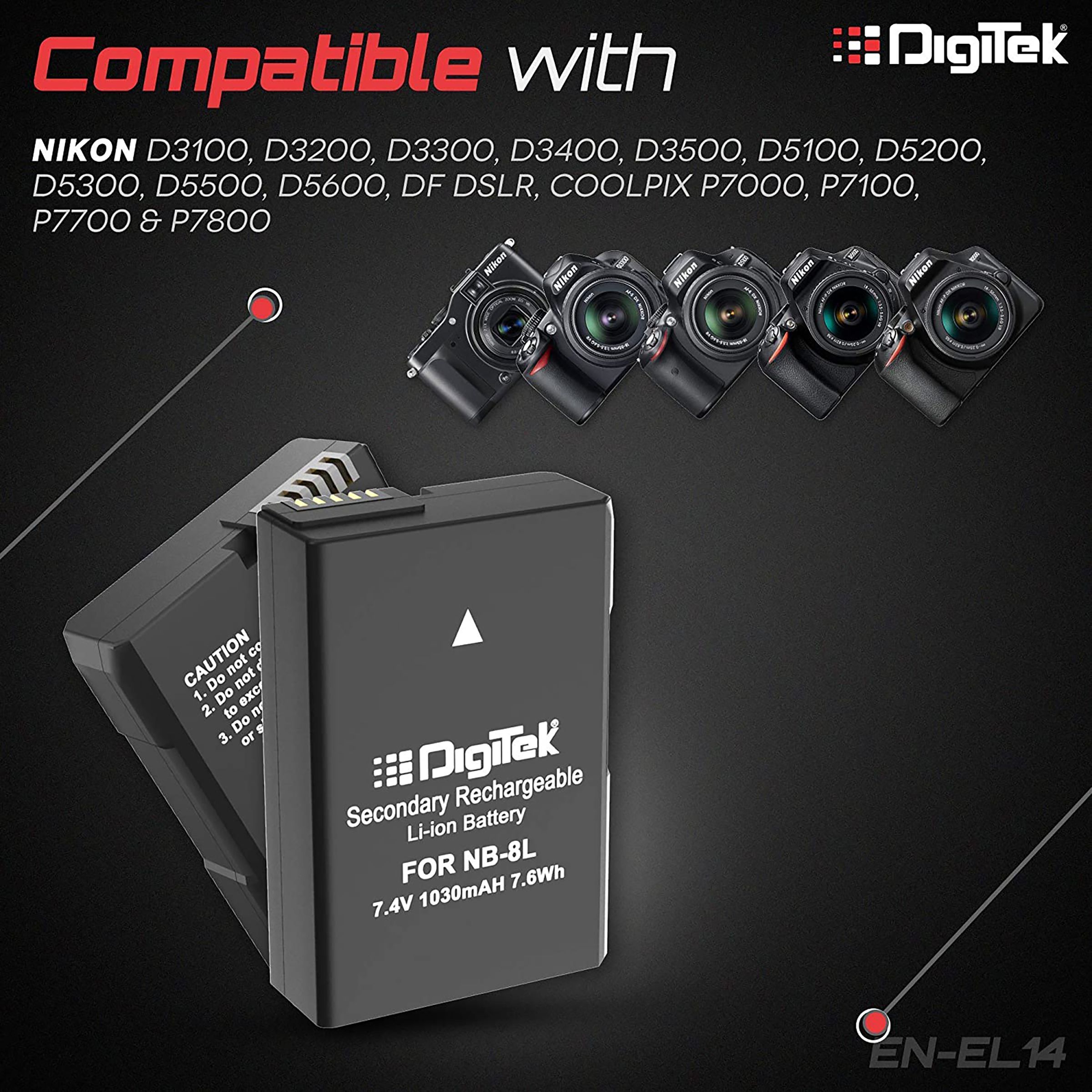 DigiTek EN-EL14 Plus 1030 mAh Li-ion Rechargeable Battery for D3100, D5100 and Coolpix P7000_6