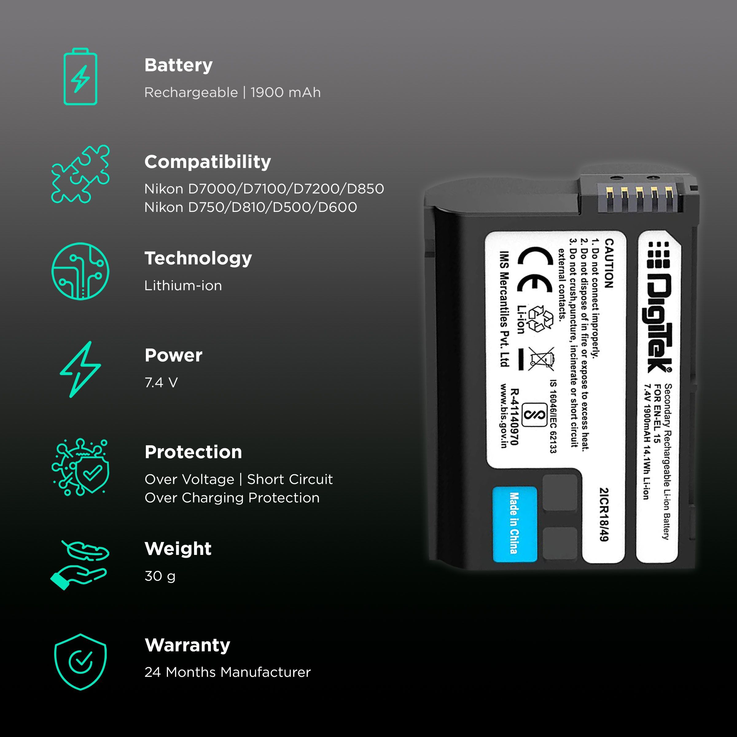 DigiTek EN-EL15 1900 mAh Li-ion Rechargeable Battery for D7000, D7100, D7200, D850, D750, D810, D500, D600 and D610_2