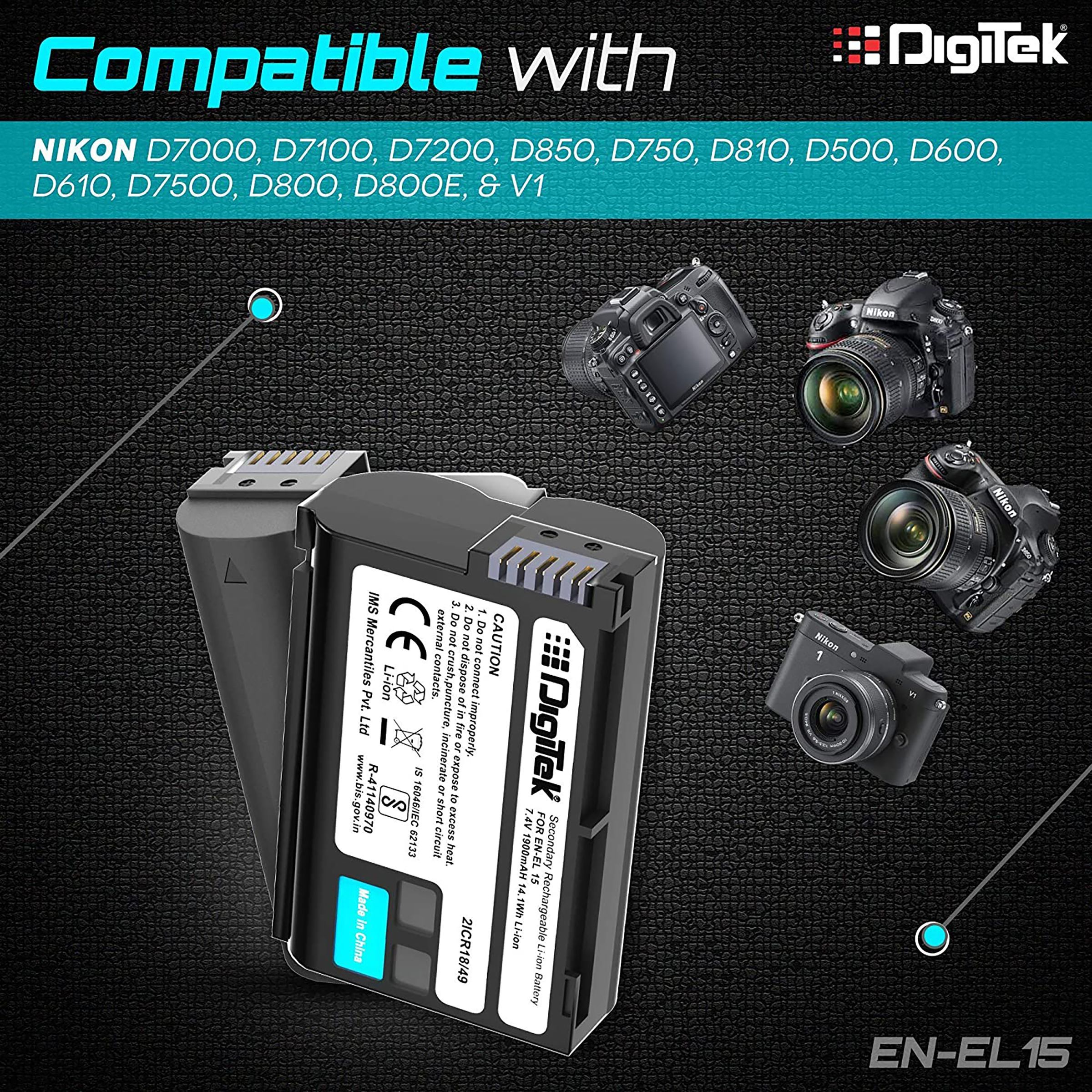 DigiTek EN-EL15 1900 mAh Li-ion Rechargeable Battery for D7000, D7100, D7200, D850, D750, D810, D500, D600 and D610_3