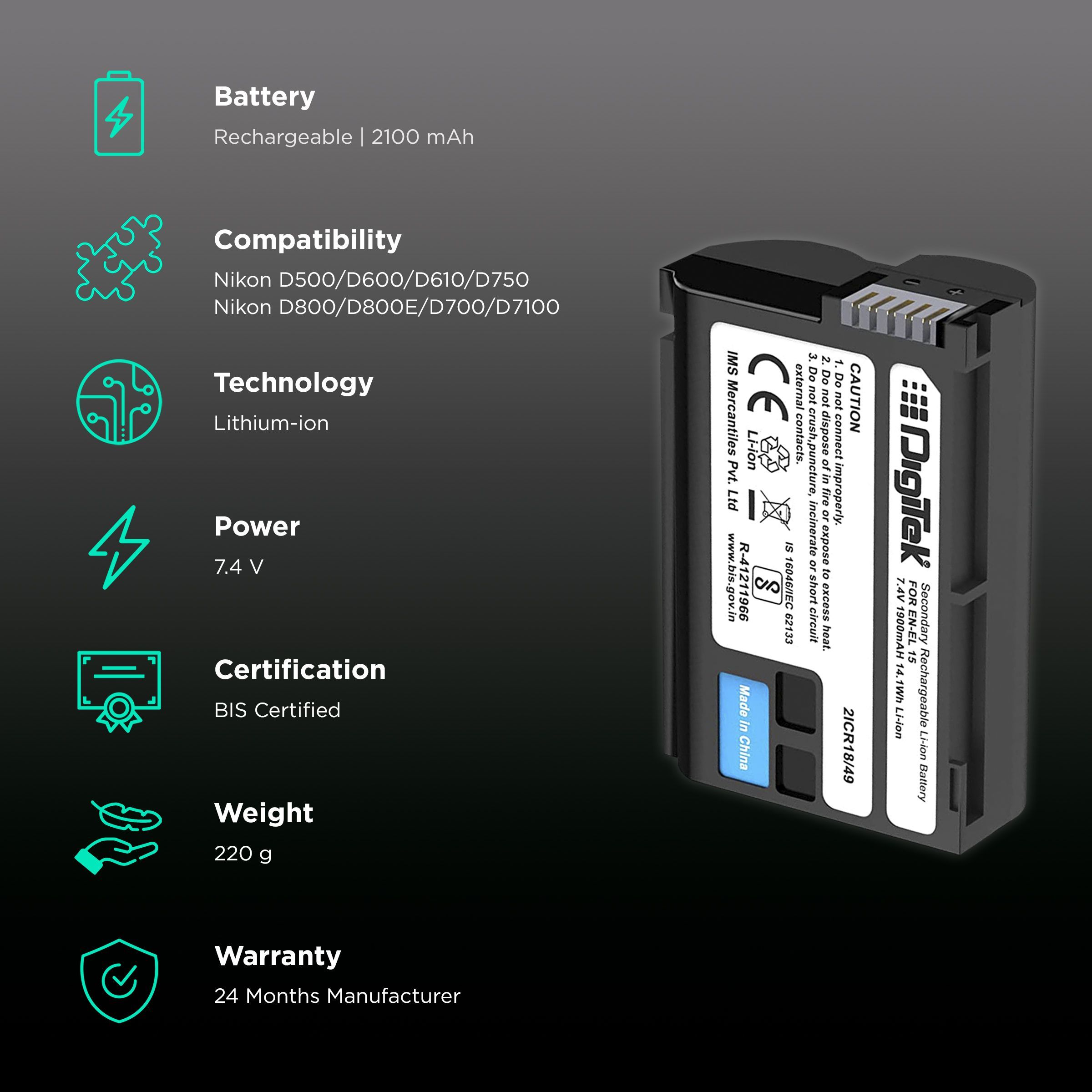 DigiTek EN-EL15 Platinum 2100 mAh Li-ion Rechargeable Battery for D500, D600, D610, D750, D800, D800E, D700 and D7100_2