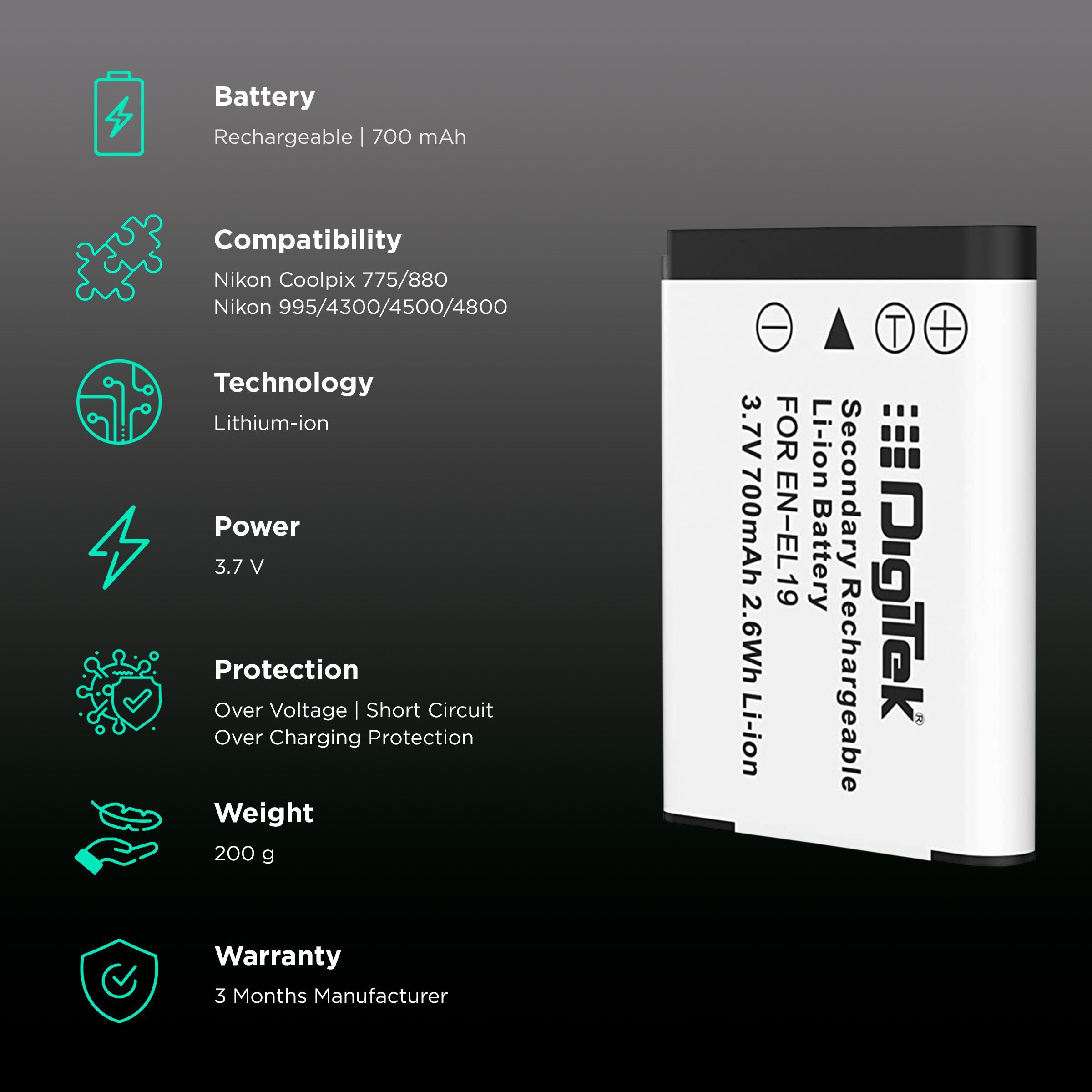DigiTek EN-EL19 700 mAh Li-ion Rechargeable Battery for Coolpix 775, 880, E880, 885 and 995_2