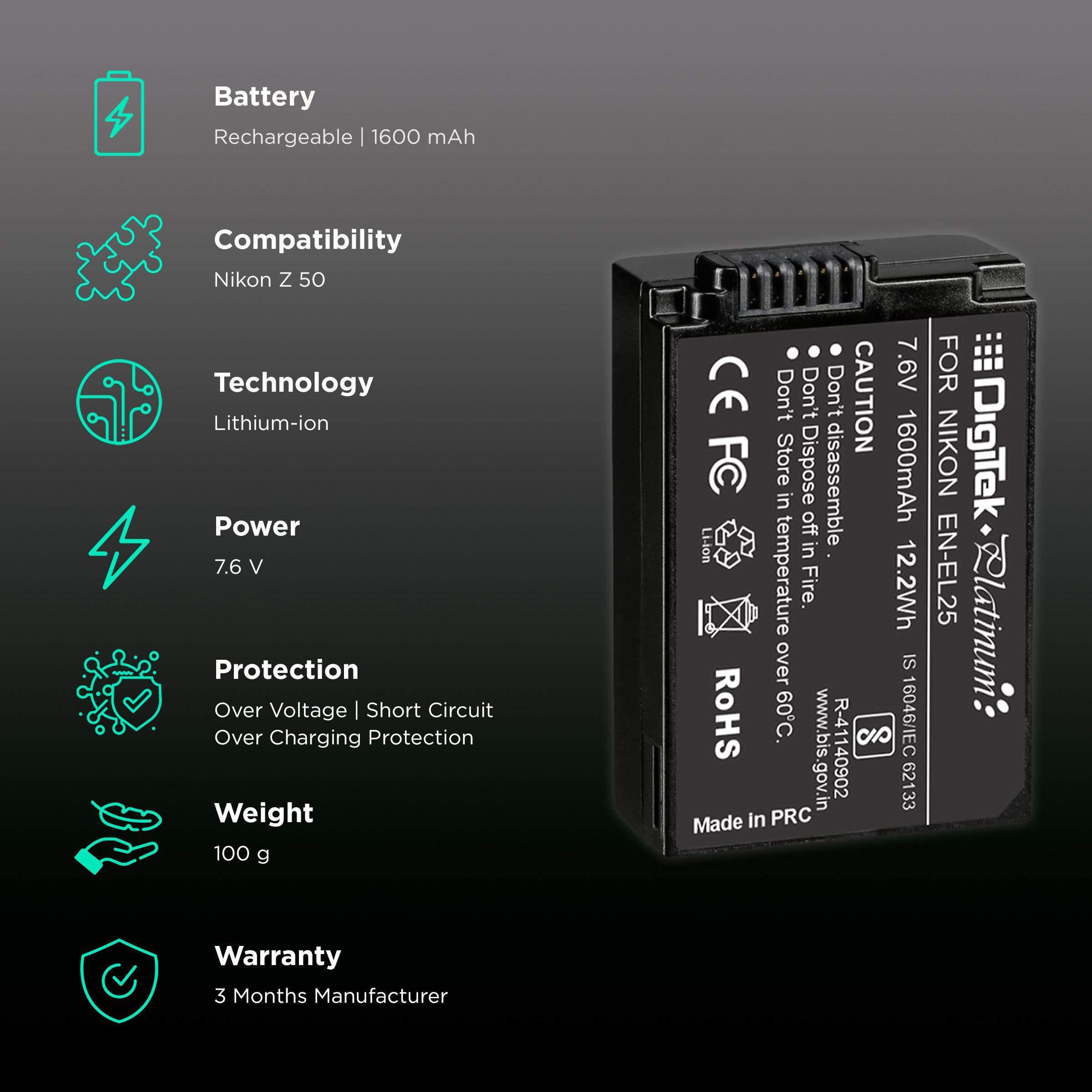 DigiTek EN-EL25 Platinum 1600 mAh Li-ion Rechargeable Battery for Z 50_2
