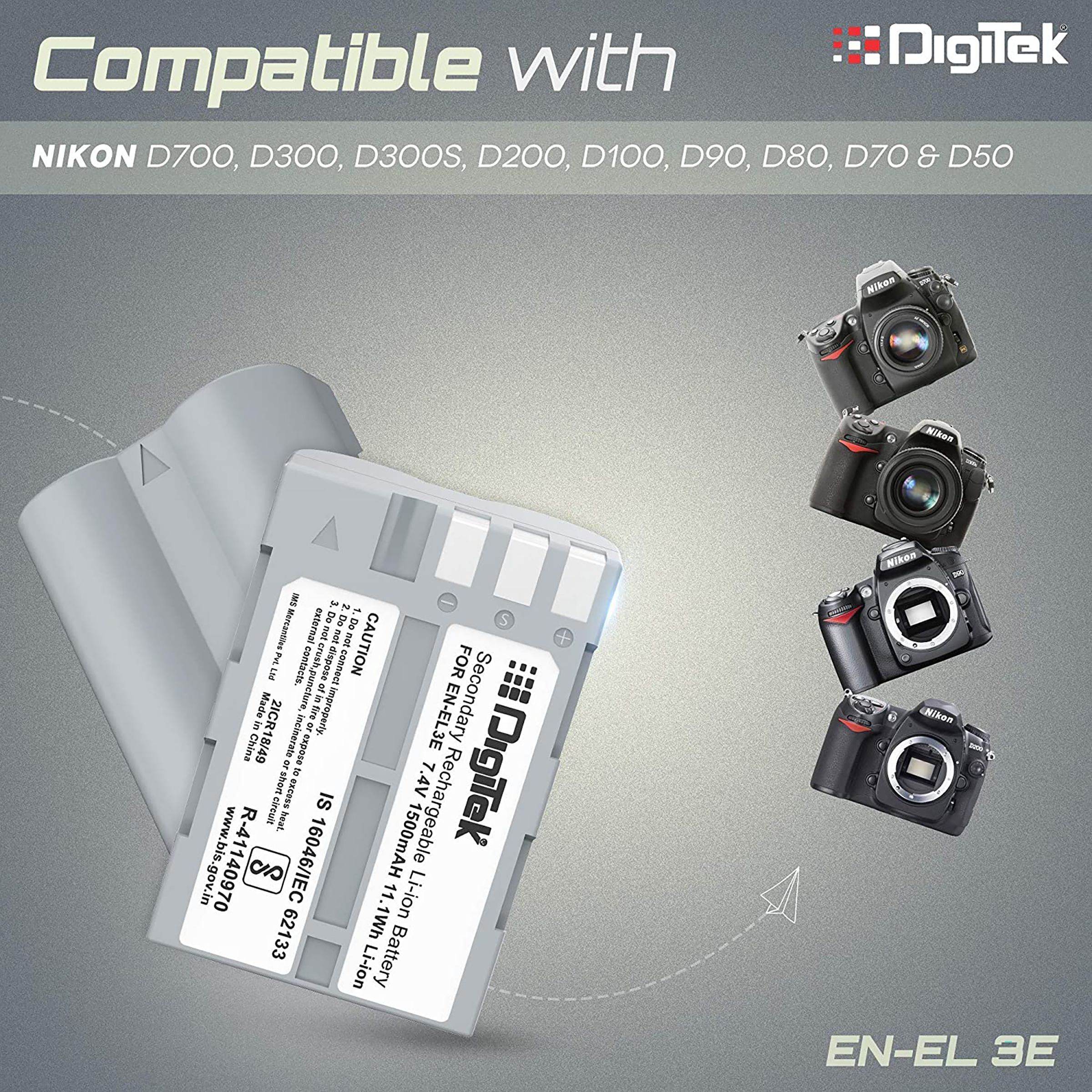 DigiTek EN-EL3E 1500 mAh Li-ion Rechargeable Battery for D700, D300, D300S, D200, D100, D90, D80, D70 and D50_6