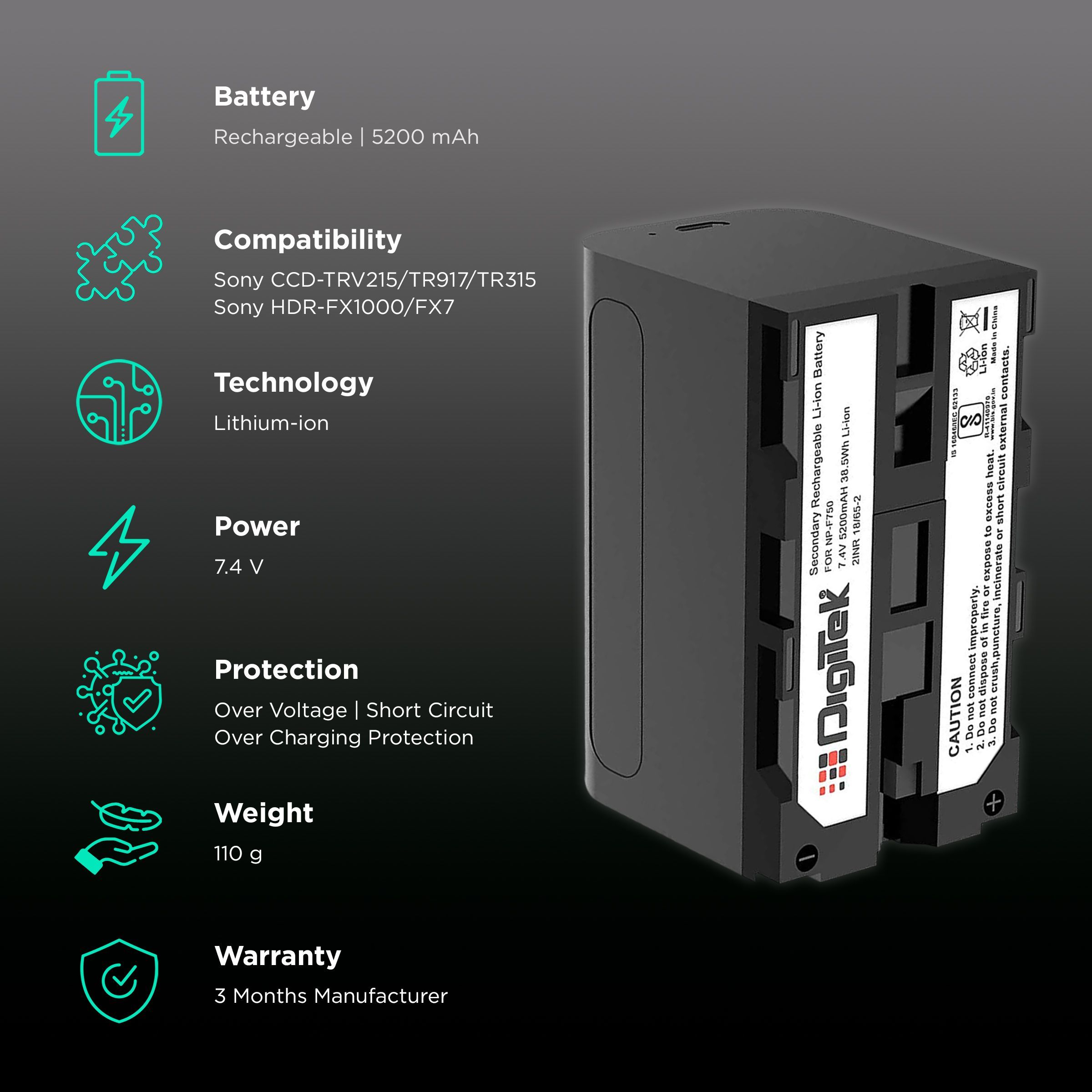 DigiTek NP-F750 MU 5200 mAh Li-ion Rechargeable Battery for CCD-TRV215, CCD-TR917, CCD-TR315, HDR-FX1000 and HDR-FX7_2