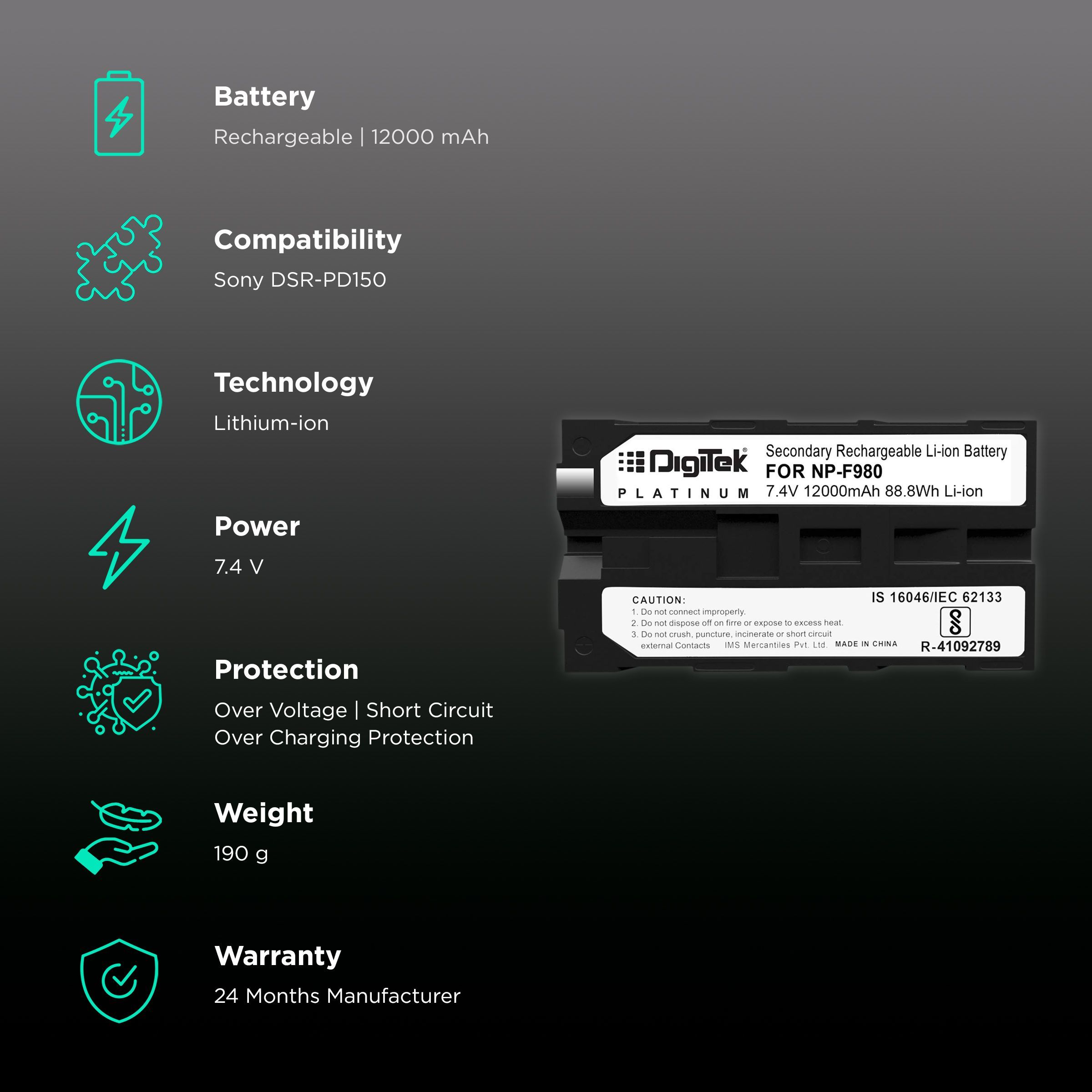 DigiTek NP-F980 Platinum 12000 mAh Li-ion Rechargeable Battery for DSR-PD150_2