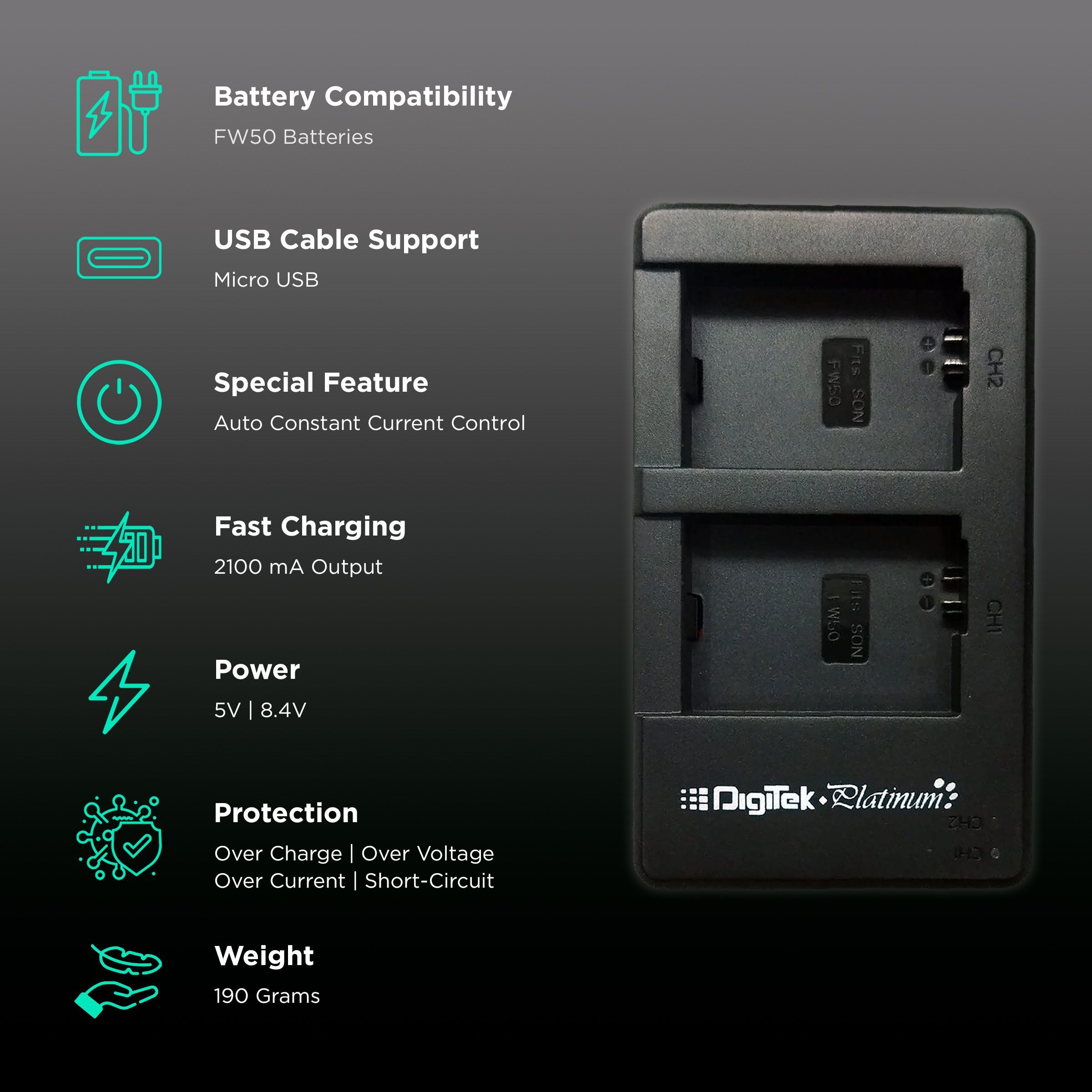 DigiTek Platinum DPUC 010 Fast Camera Battery Charger Combo for FW50 (2-Ports, Over Voltage Protection) DigiTek Platinum DPUC 010 Fast Camera Battery Charger Combo for FW50 (2-Ports, Over Voltage Protection)_2