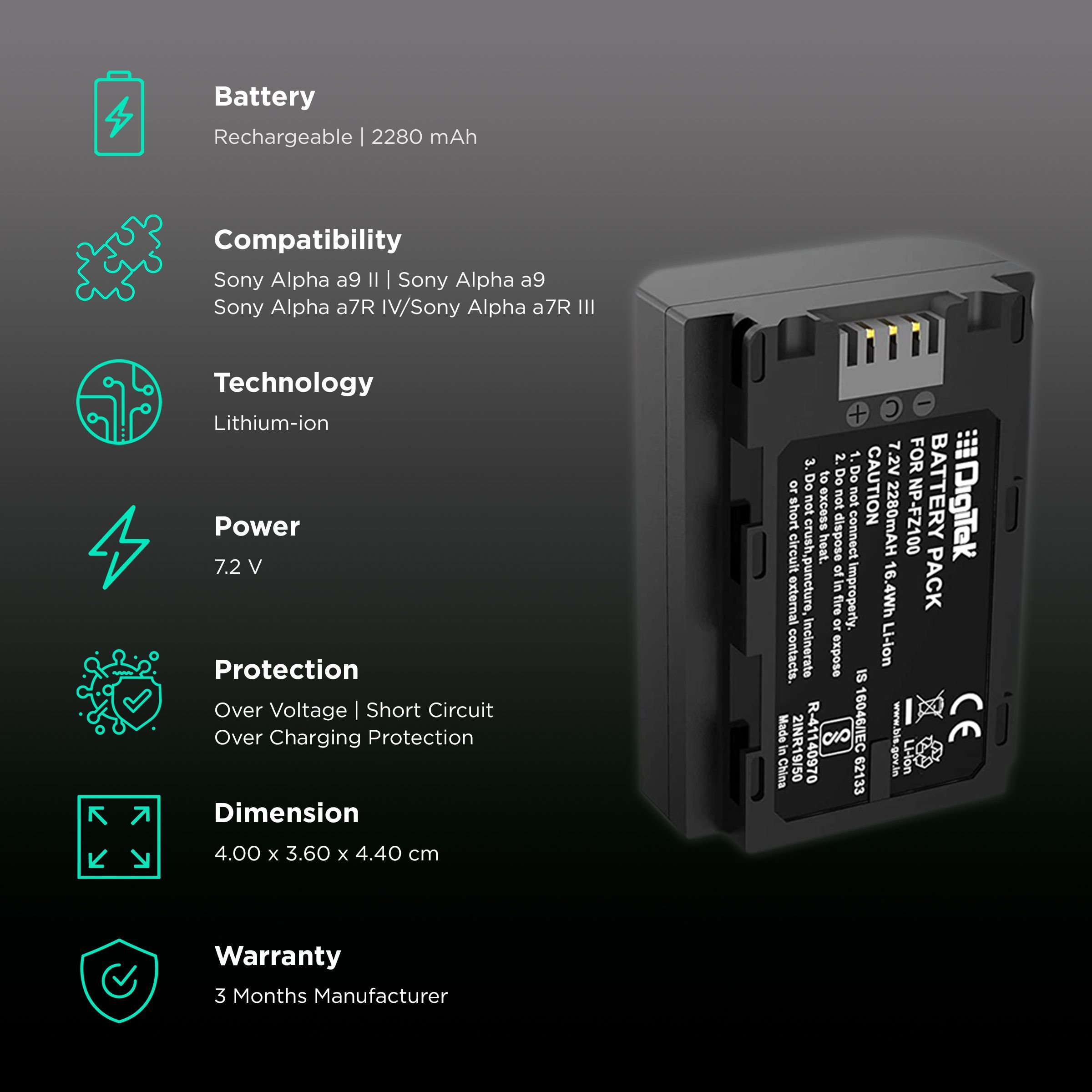 DigiTek NP-FZ100 2280 mAh Li-ion Rechargeable Battery for Alpha a9 II, a9, a7R IV and a7R III_2