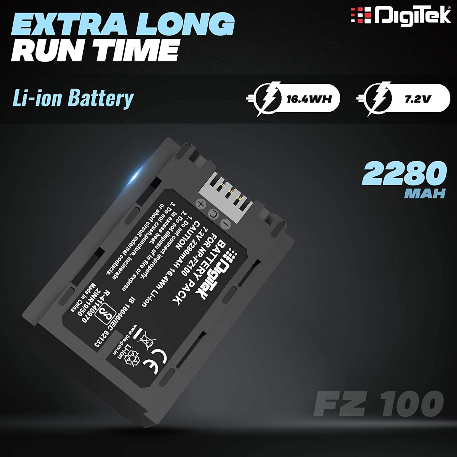 DigiTek NP-FZ100 2280 mAh Li-ion Rechargeable Battery for Alpha a9 II, a9, a7R IV and a7R III_5