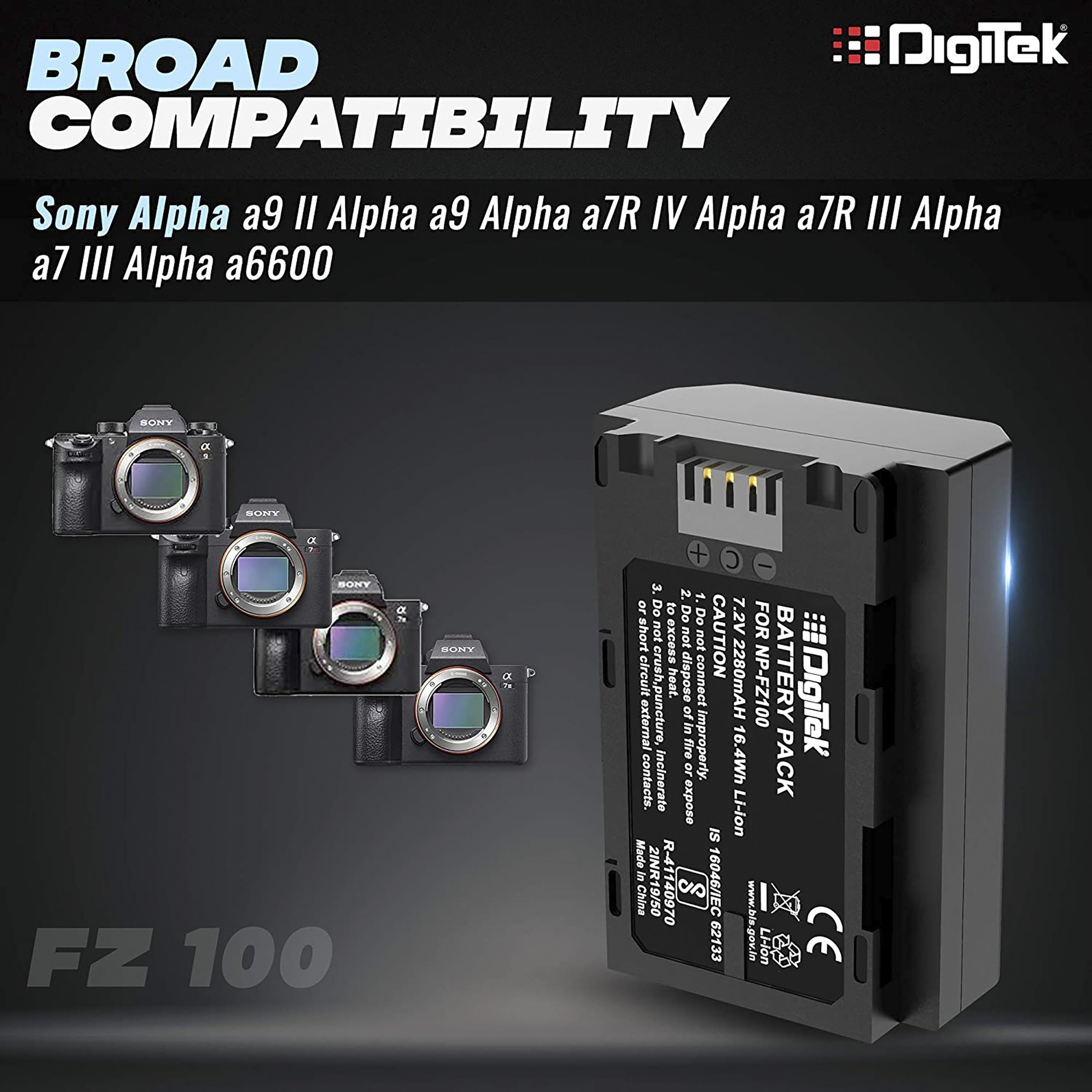 DigiTek NP-FZ100 2280 mAh Li-ion Rechargeable Battery for Alpha a9 II, a9, a7R IV and a7R III_6