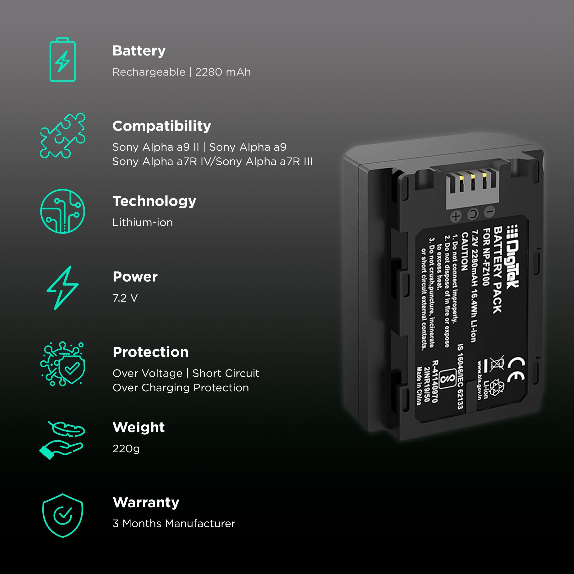 DigiTek FZ100 Platinum 2280 mAh Li-ion Rechargeable Battery for Alpha a9 II, a9, a7R IV and a7R III_2