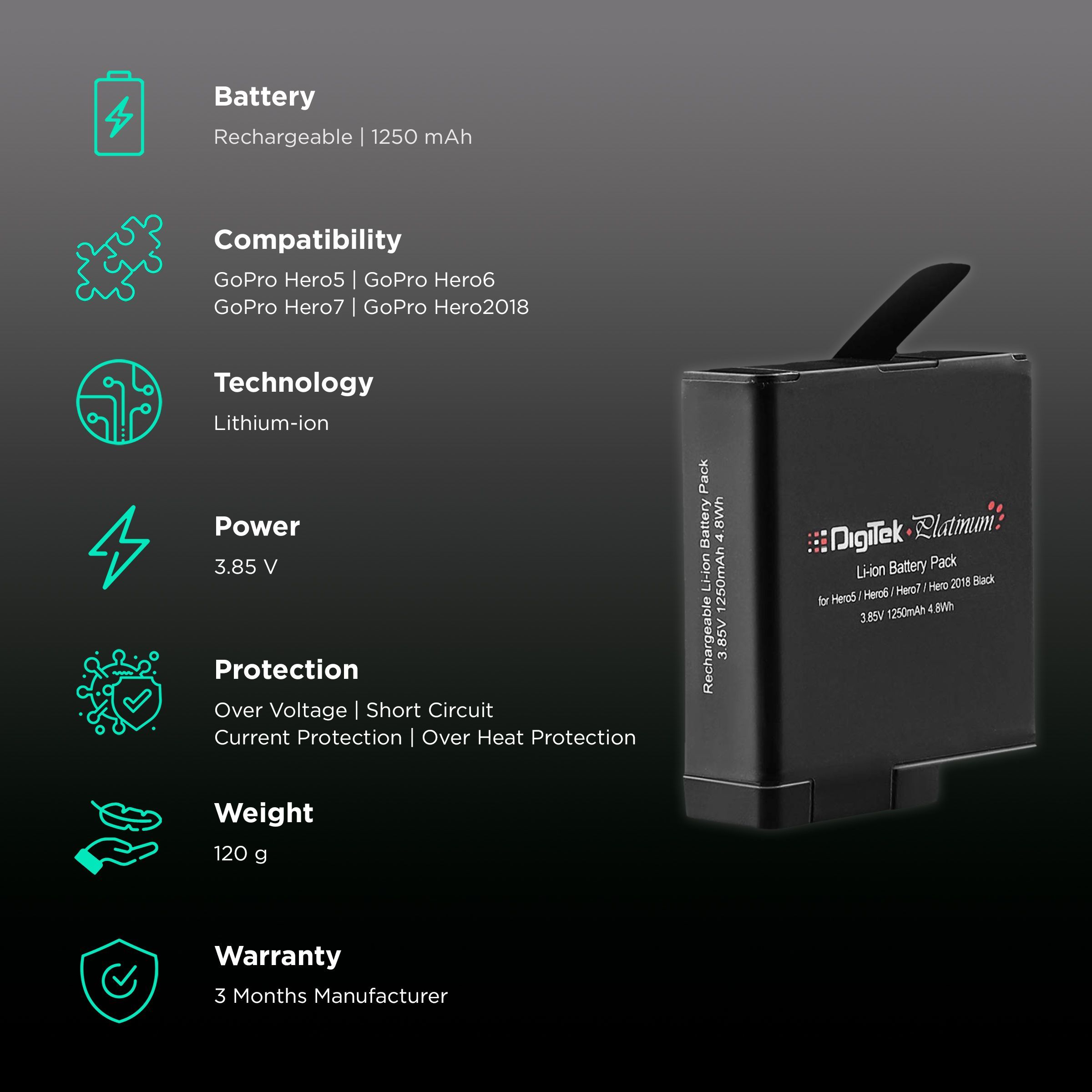 DigiTek DBG-567 1250 mAh Li-ion Rechargeable Battery for Hero5, 6, 7 and 2018_2