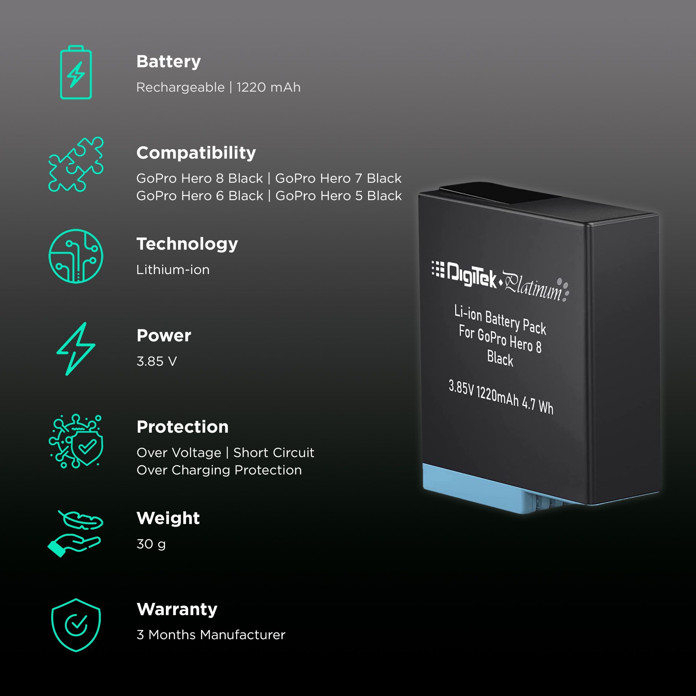 DigiTek DBG-8 1220 mAh Li-ion Rechargeable Battery for Hero8_2