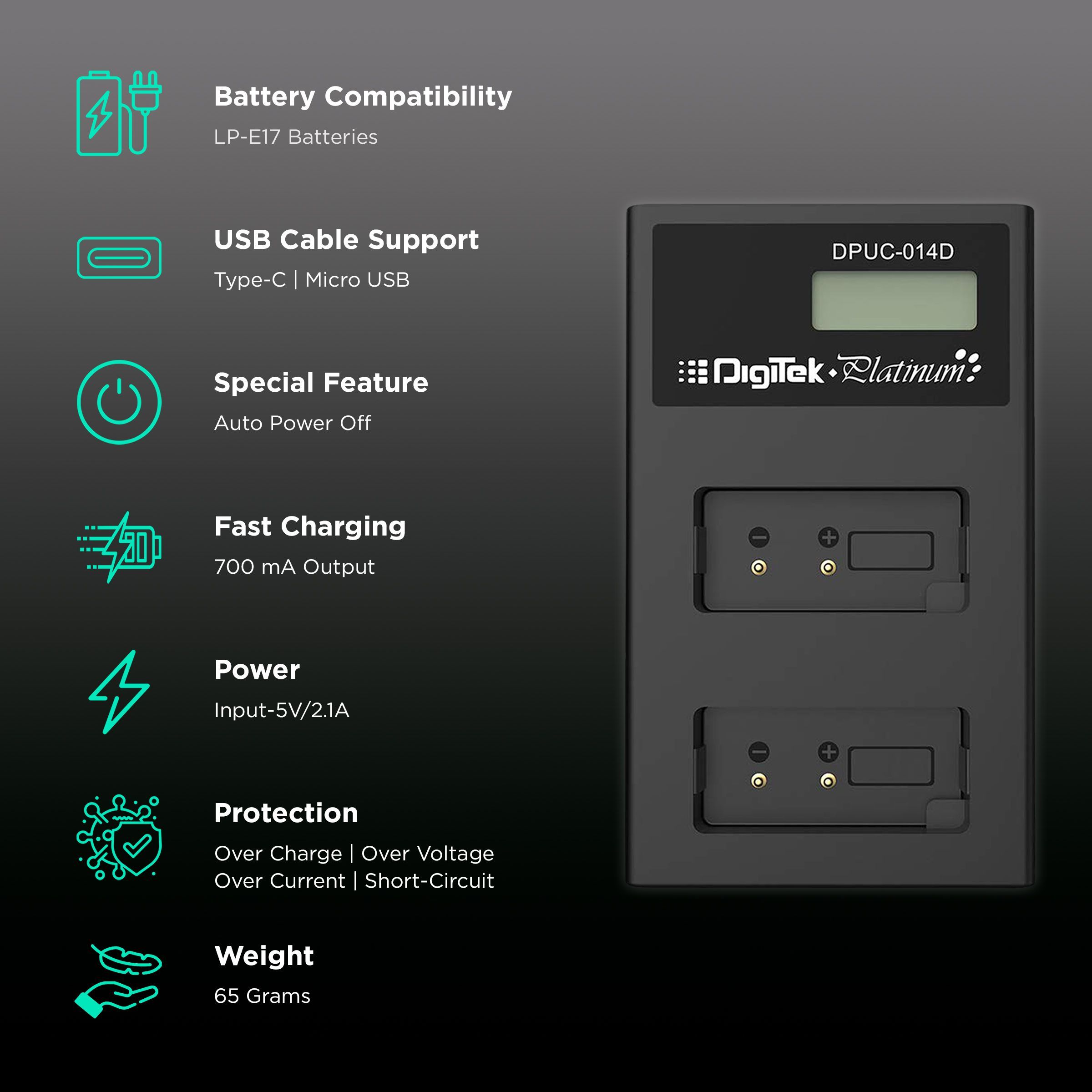 DigiTek Platinum DPUC 014D (LCD MU) Fast Camera Battery Charger for LP-E17 (2-Ports, Over Voltage Protection)_2