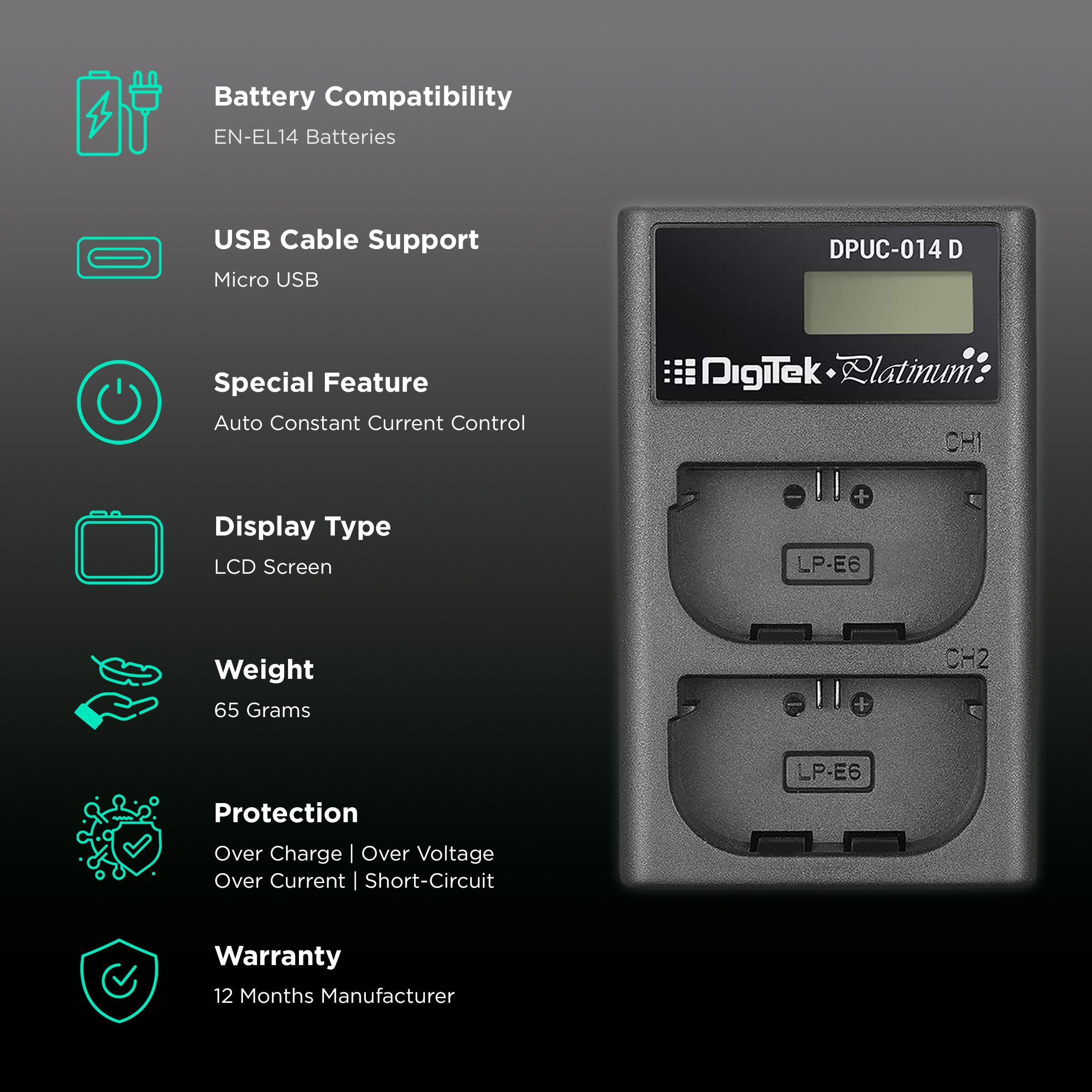 DigiTek Platinum DPUC 014D (LCD MU) Fast Camera Battery Charger for EN-EL14 (2-Ports, Over Voltage Protection) DigiTek Platinum DPUC 014D (LCD MU) Fast Camera Battery Charger for EN-EL14 (2-Ports, Over Voltage Protection)_2
