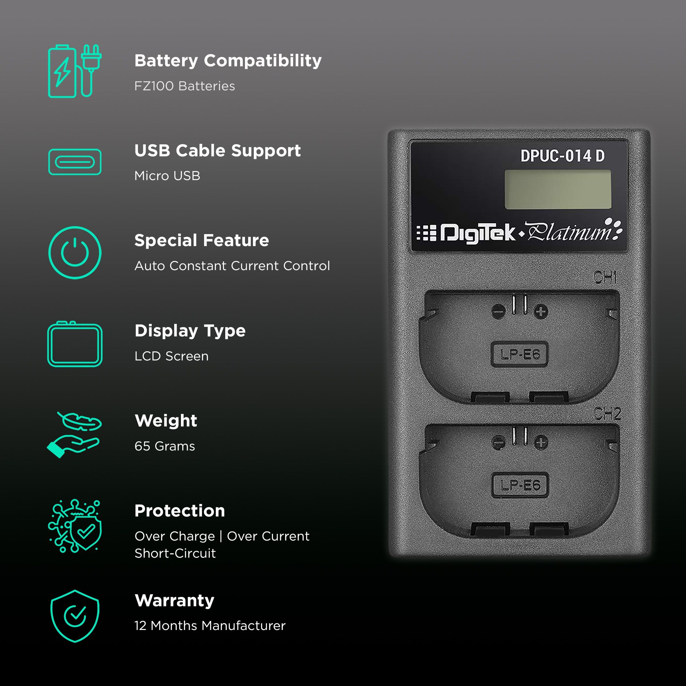 DigiTek Platinum DPUC 014D (LCD MU) Fast Camera Battery Charger for FZ100 (2-Ports, Over Voltage Protection)_2