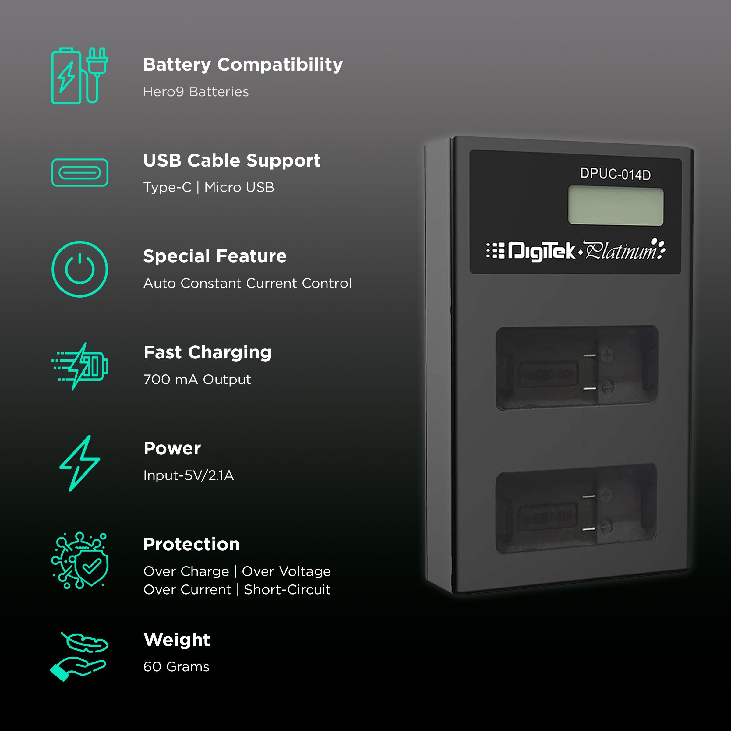 DigiTek Platinum DPUC 014D (LCD MU) Fast Camera Battery Charger for Hero9 (2-Ports, Over Voltage Protection)_2