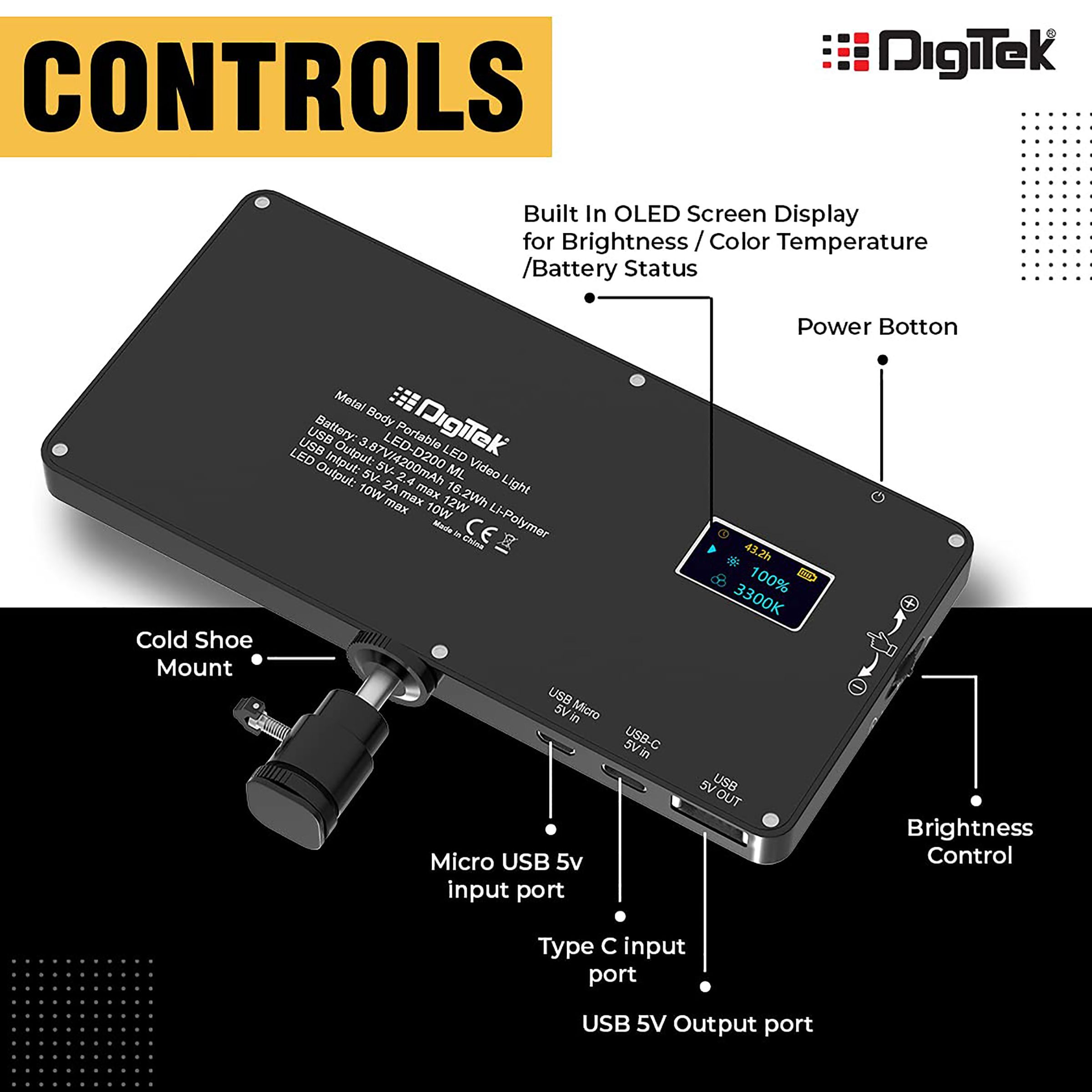 Digitek D200ML LED Video Light for Still Photography & Videography (OLED Screen) Digitek D200ML LED Video Light for Still Photography & Videography (OLED Screen)_8