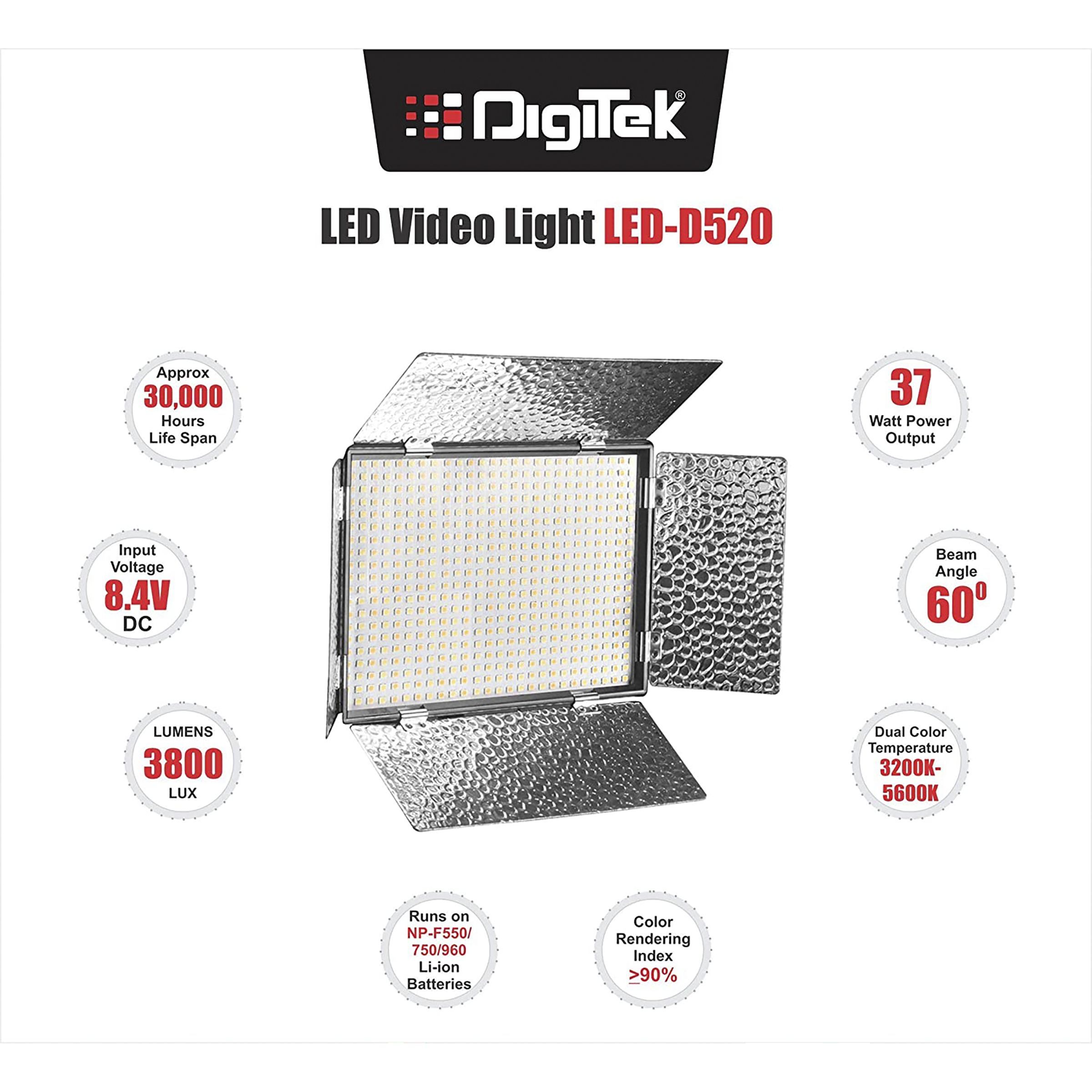 Digitek D520B LED Video Light with 4 Detachable Barndoor for Still Photography & Videography (Dual Color Temperature)_9