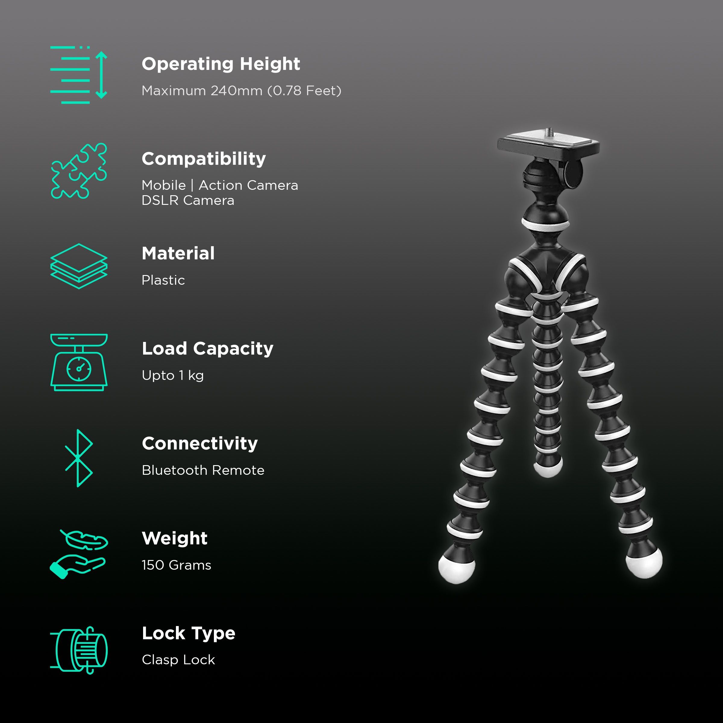 DigiTek DTR 260 GT 24cm Adjustable GorillaPod for Mobile and Camera with Remote (Rotating Sphere, Black) DigiTek DTR 260 GT 24cm Adjustable GorillaPod for Mobile and Camera with Remote (Rotating Sphere, Black)_2