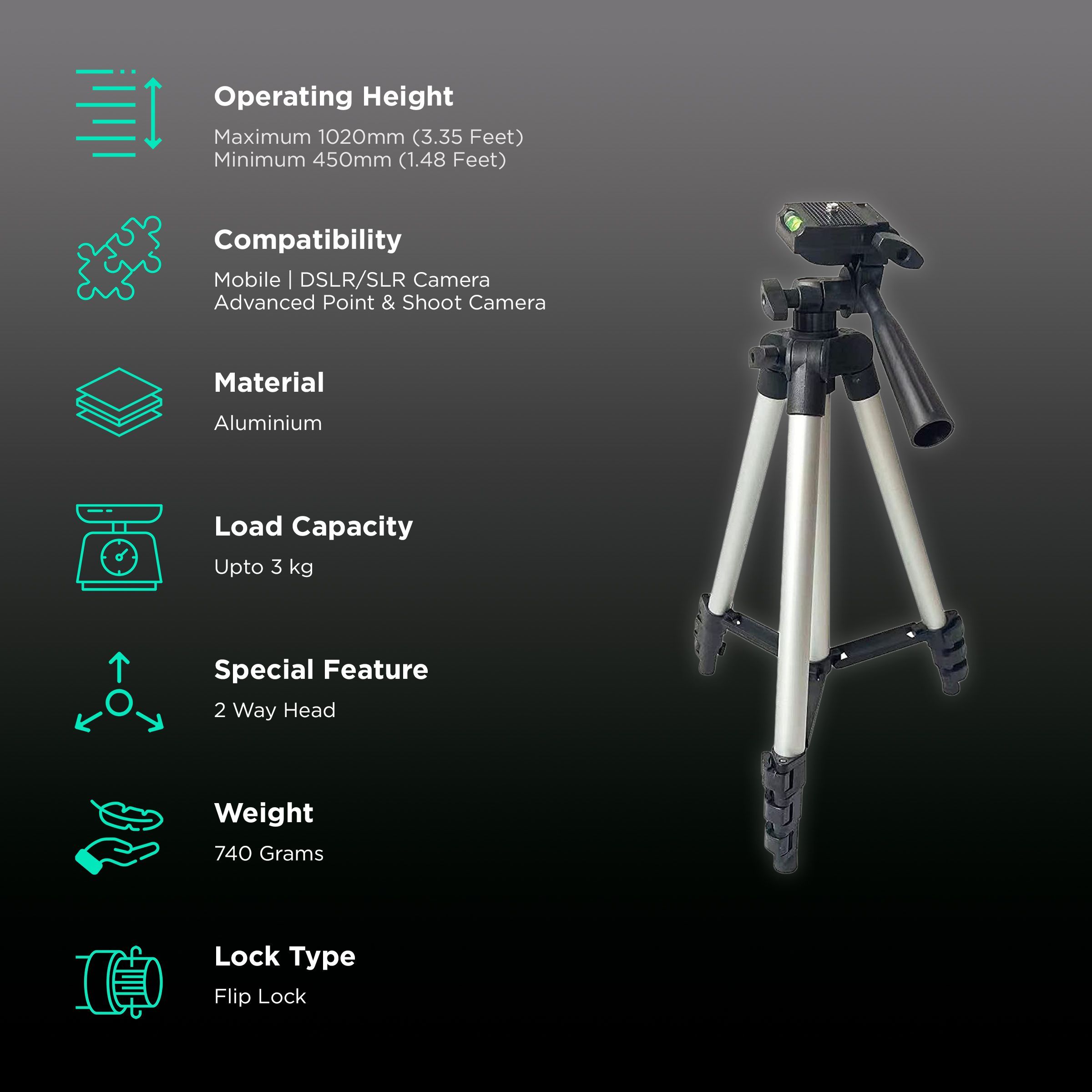 DigiTek DTR 340 LT 102cm Adjustable Tripod for Mobile and Camera (360 Degree Swivel, Black)_2