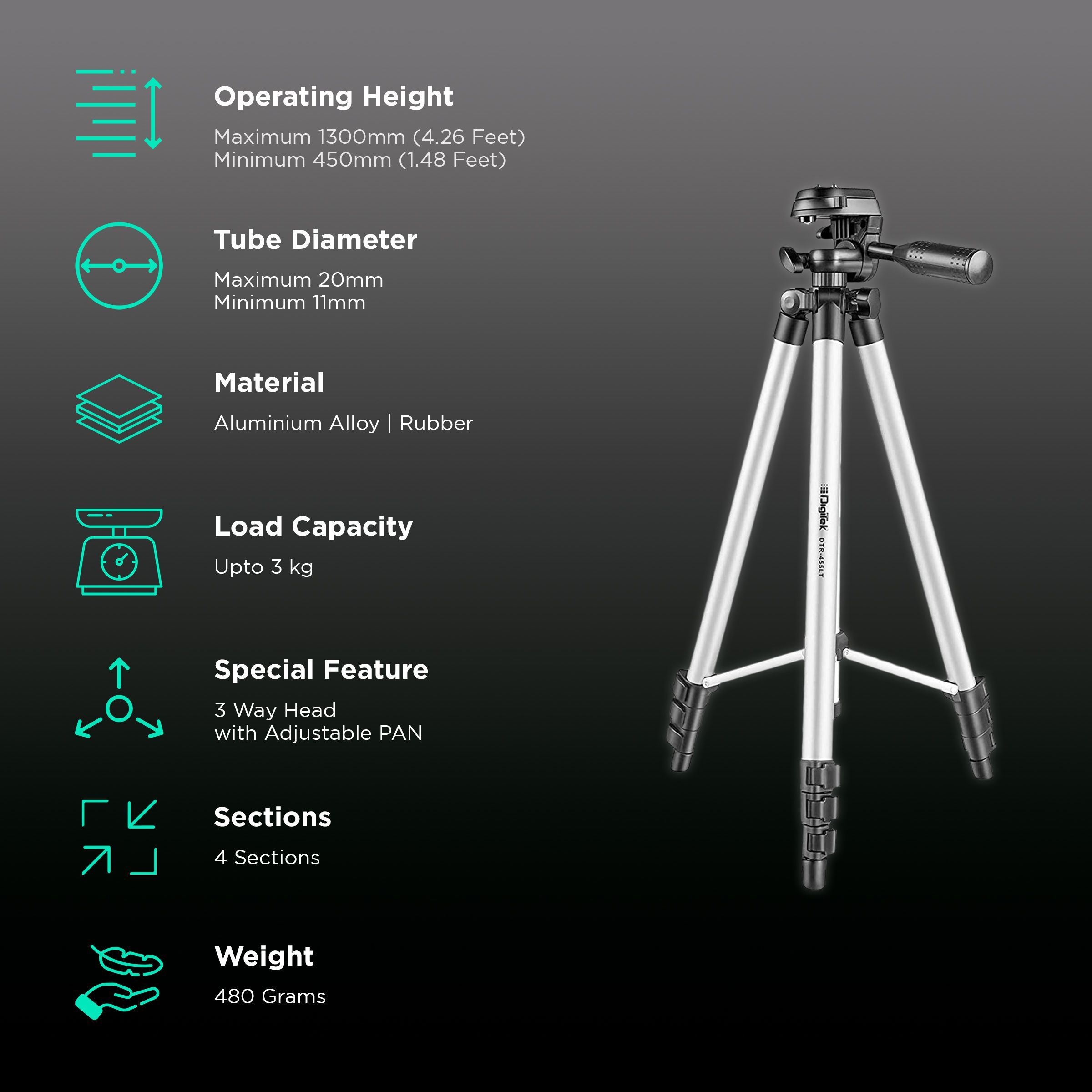 DigiTek DTR 455 LT 130cm Adjustable Tripod for Mobile and Camera (3 Way Head with Adjustable Pan, Black)_2