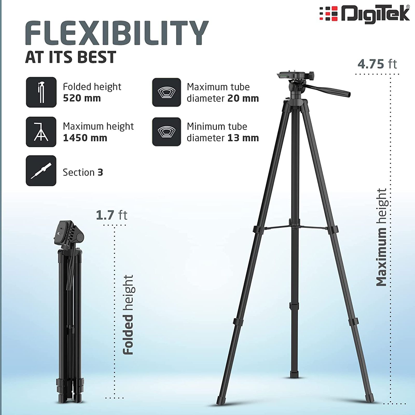 DigiTek DTR 480 LW 145cm Adjustable Tripod for Mobile and Camera (3 Way Head with Adjustable Pan, Black)_6