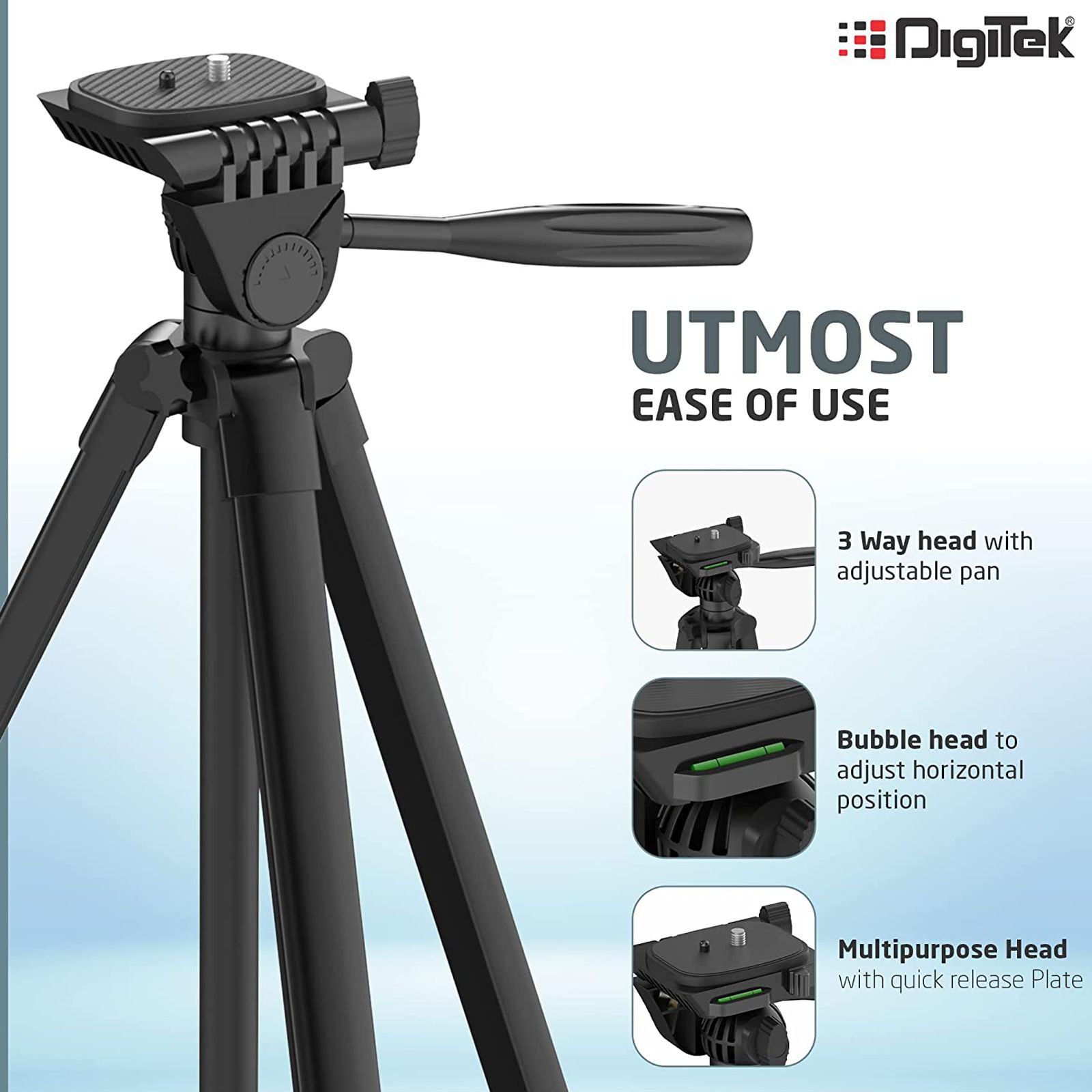 DigiTek DTR 480 LW 145cm Adjustable Tripod for Mobile and Camera (3 Way Head with Adjustable Pan, Black)_7