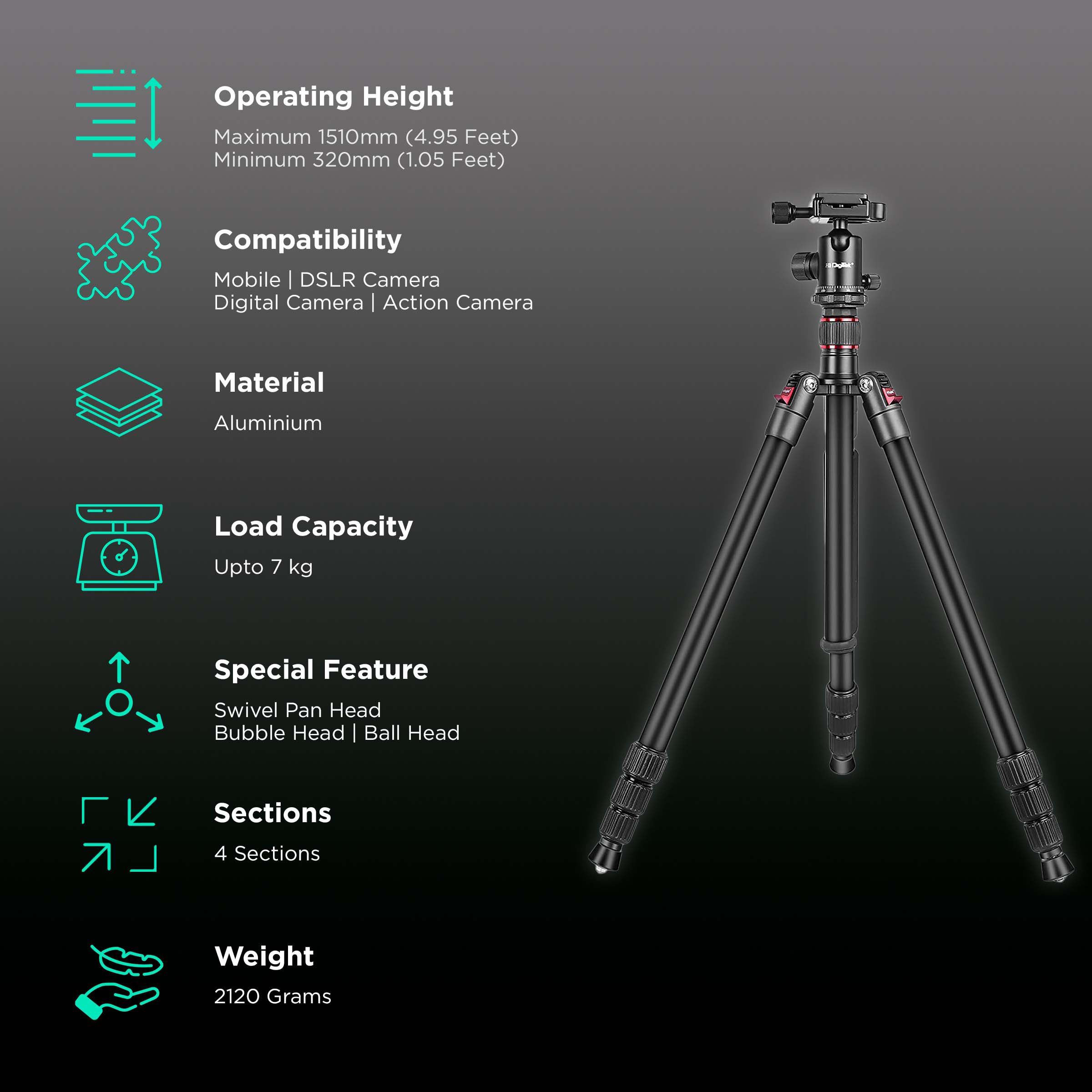 DigiTek DTR 500 BH 151cm Adjustable Tripod for Mobile and Camera (Ball Head, Black)_2