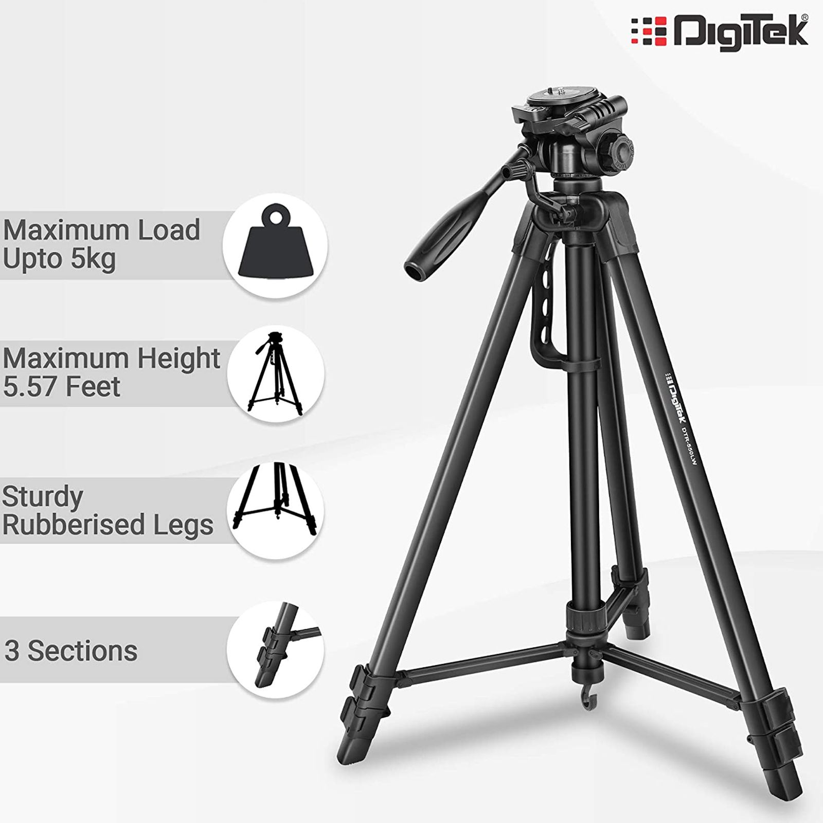 DigiTek DTR 550 LW 170cm Adjustable Tripod for Mobile and Camera (3 Way Head with Adjustable Pan, Black)_6