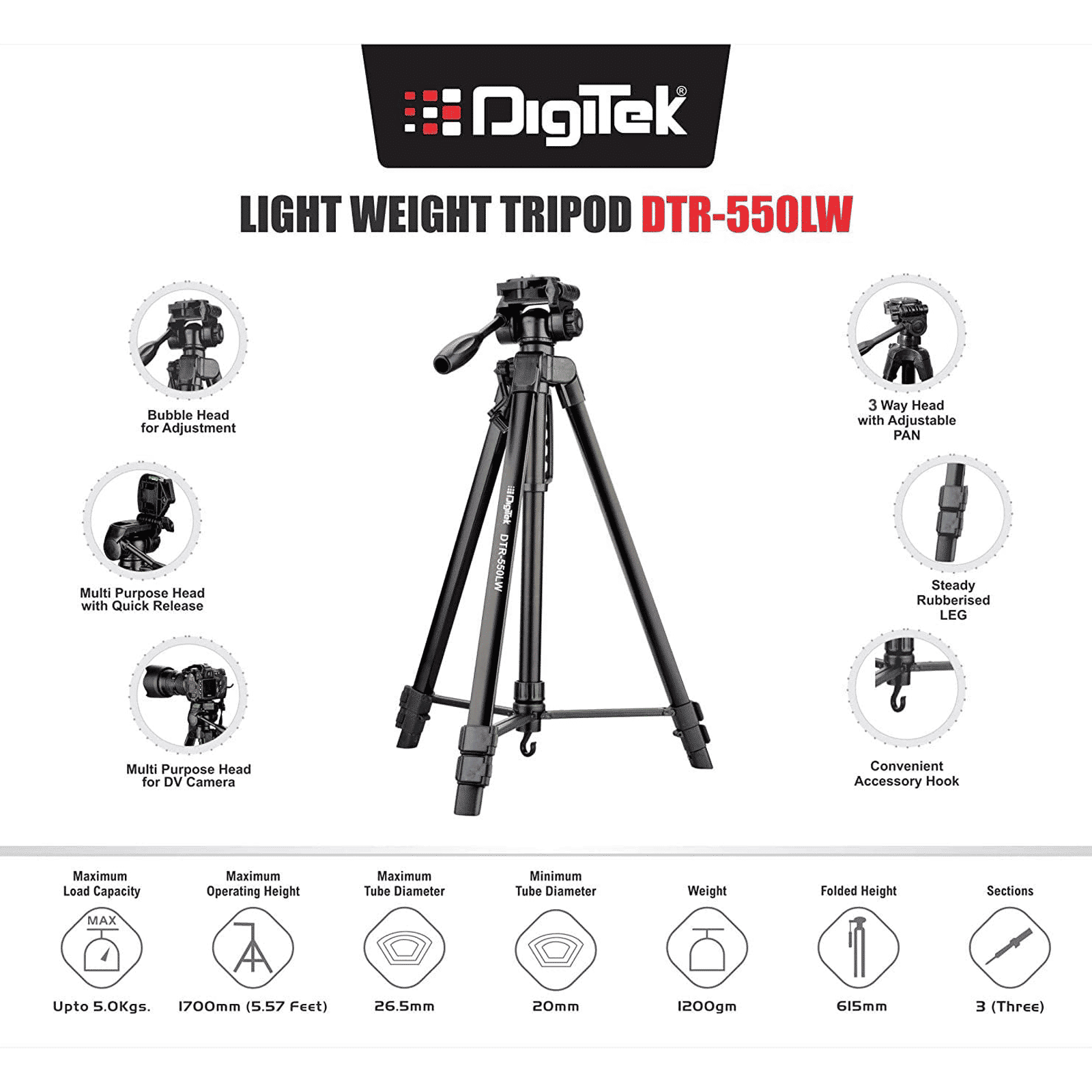 DigiTek DTR 550 LW 170cm Adjustable Tripod for Mobile and Camera (3 Way Head with Adjustable Pan, Black)_8