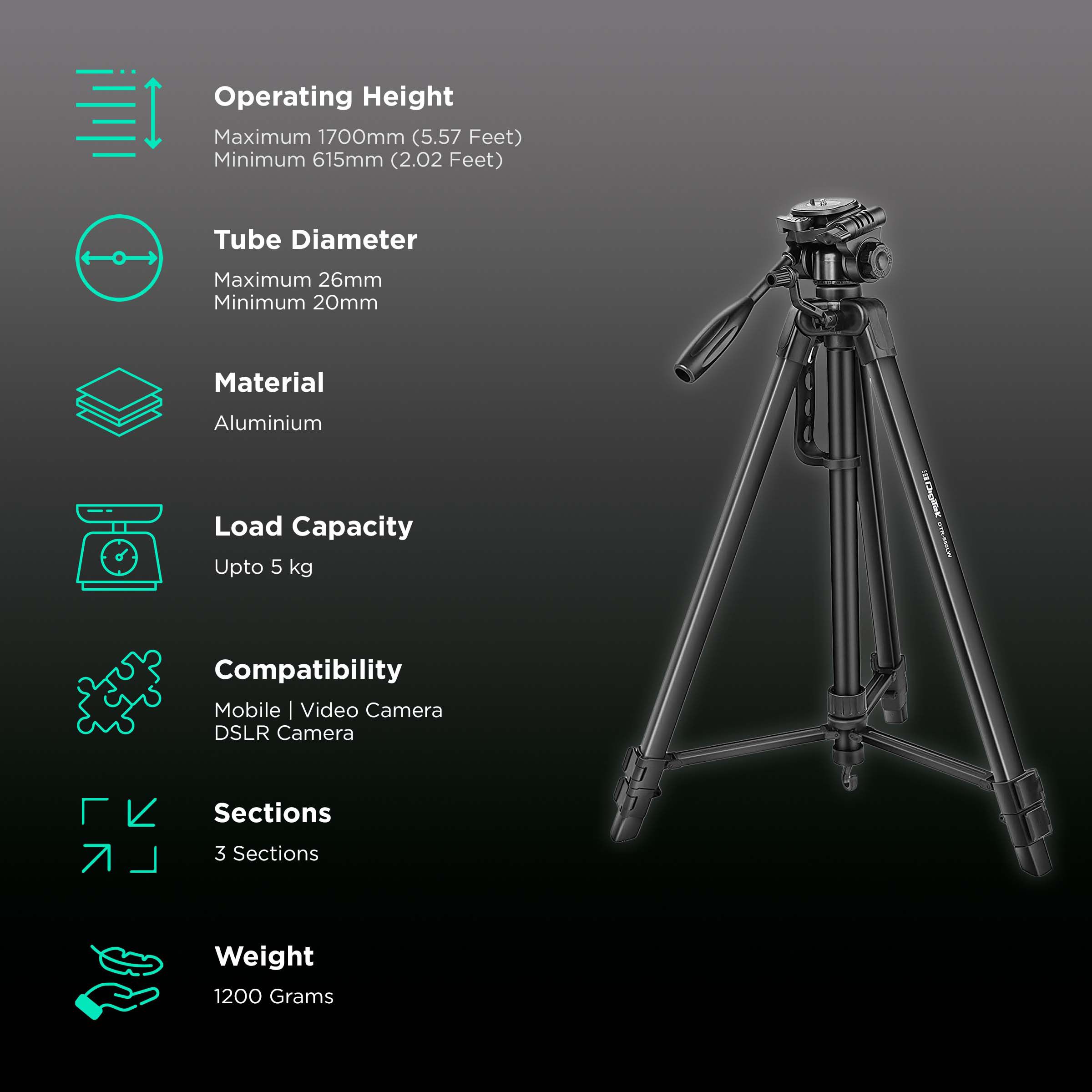 DigiTek DTR 550 LW 170cm Adjustable Tripod for Mobile and Camera (3 Way Head with Adjustable Pan, Black)_2