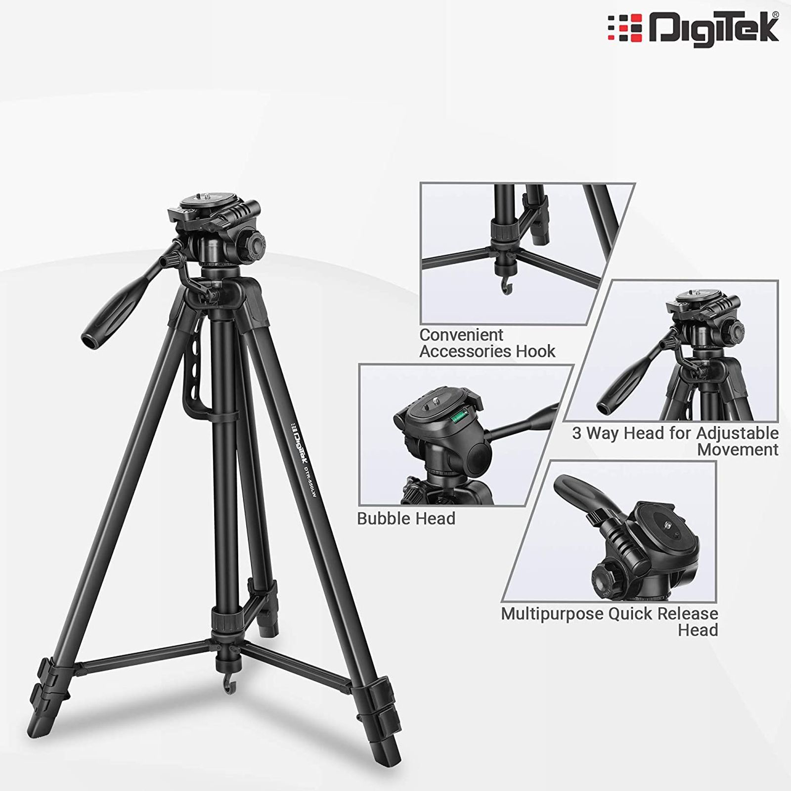 DigiTek DTR 550 LW 170cm Adjustable Tripod for Mobile and Camera (3 Way Head with Adjustable Pan, Black)_5