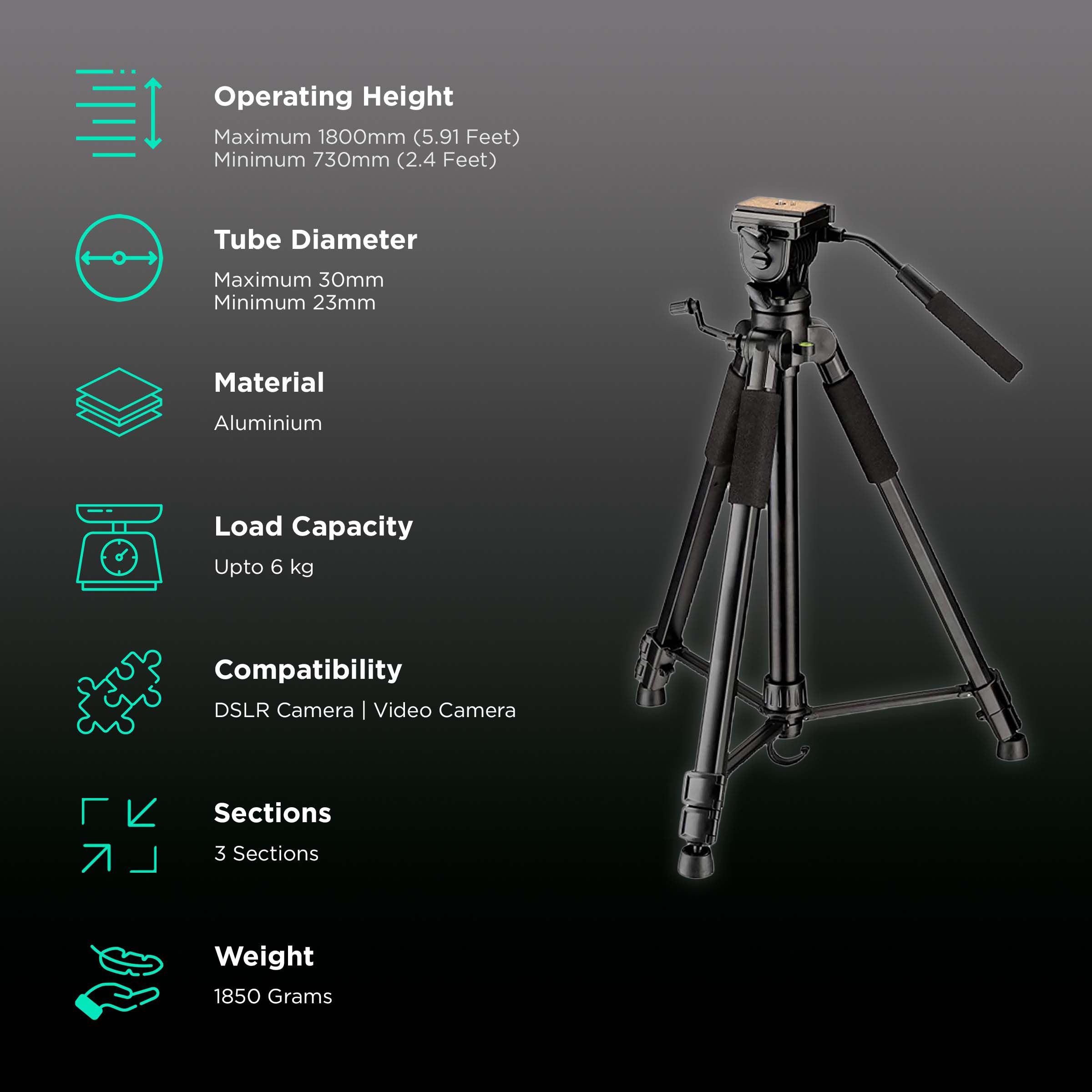 DigiTek DTR 590 VD PRO 180cm Adjustable Tripod for Camera (2 Way Adjustable Head, Black) DigiTek DTR 590 VD PRO 180cm Adjustable Tripod for Camera (2 Way Adjustable Head, Black)_2