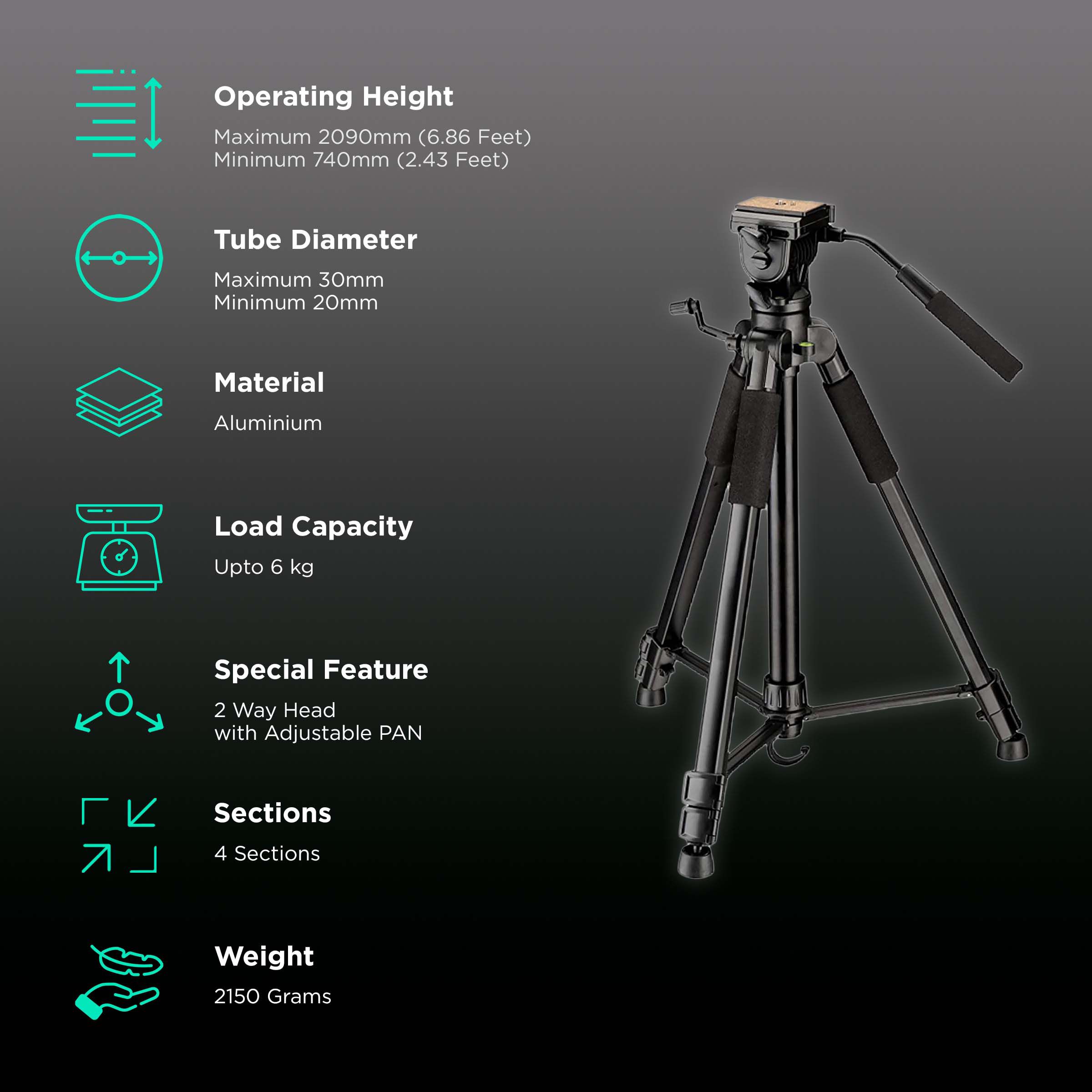 DigiTek DTR 690 VD PRO 209cm Adjustable Tripod for Camera (2 Way Head with Adjustable Pan, Black)_2