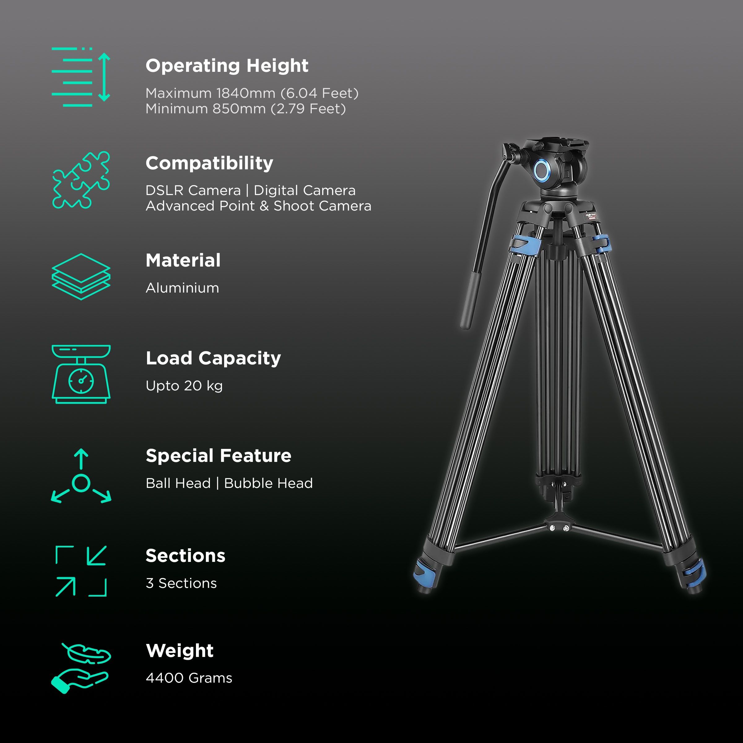 DigiTek Platinum DPTR 605 VD 183cm Adjustable Tripod for Camera (2 Way Head with Adjustable Pan, Black)_2