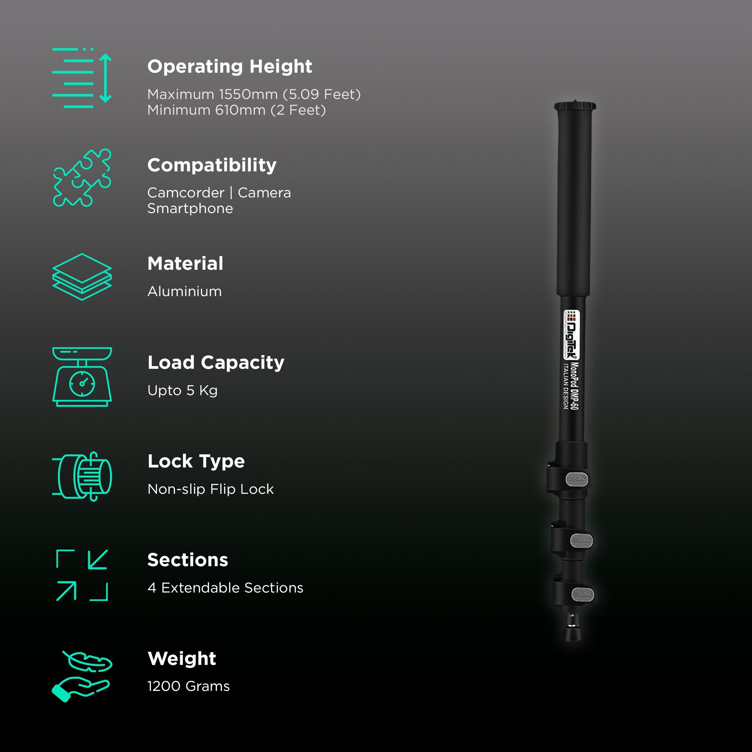 DigiTek DMP 60N 155cm Adjustable Monopod for Mobile and Camera (4 Extendable Sections, Black) DigiTek DMP 60N 155cm Adjustable Monopod for Mobile and Camera (4 Extendable Sections, Black)_2