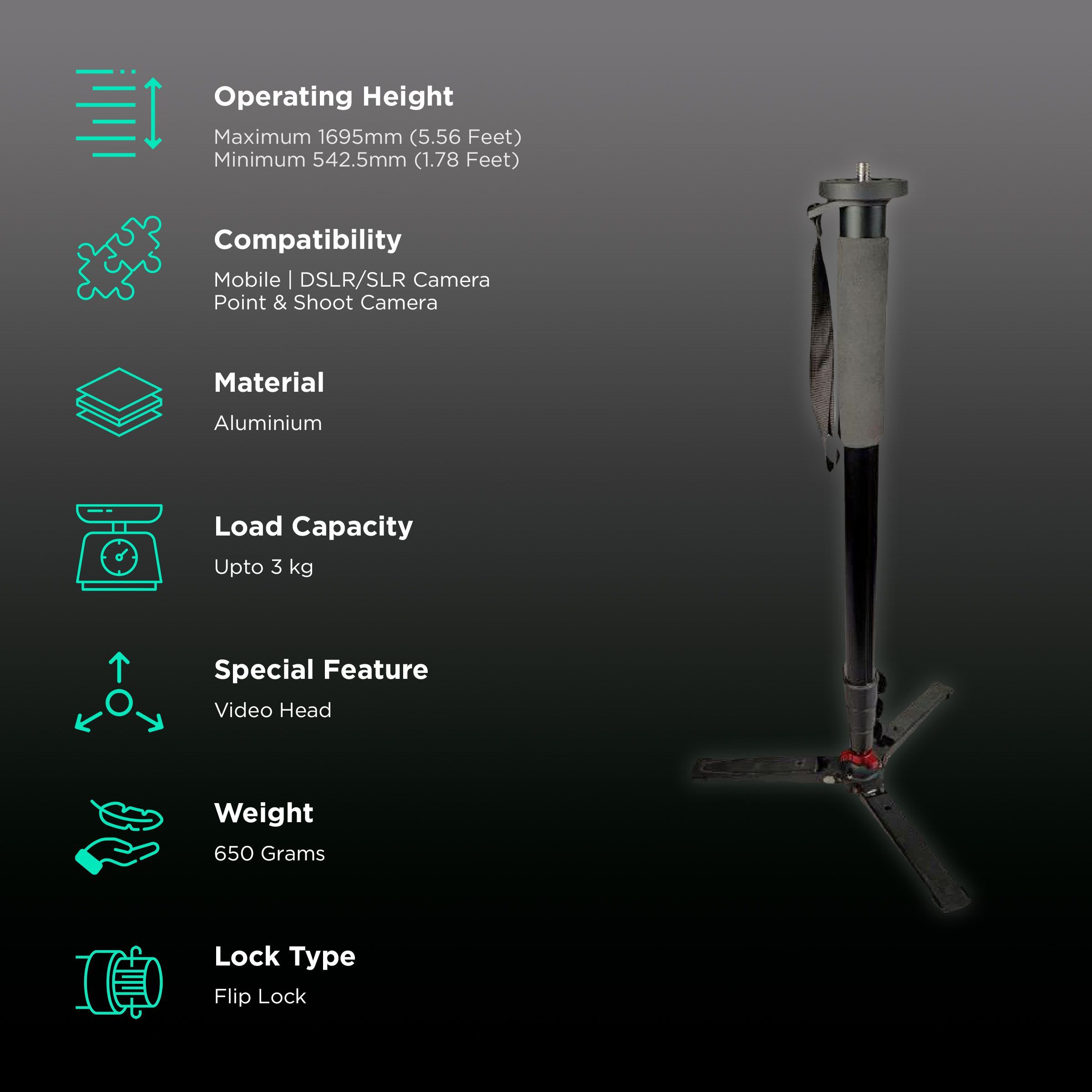 DigiTek DMP 70 169.5cm Adjustable Monopod for Mobile and Camera (Flip Lock, Black) DigiTek DMP 70 169.5cm Adjustable Monopod for Mobile and Camera (Flip Lock, Black)_2