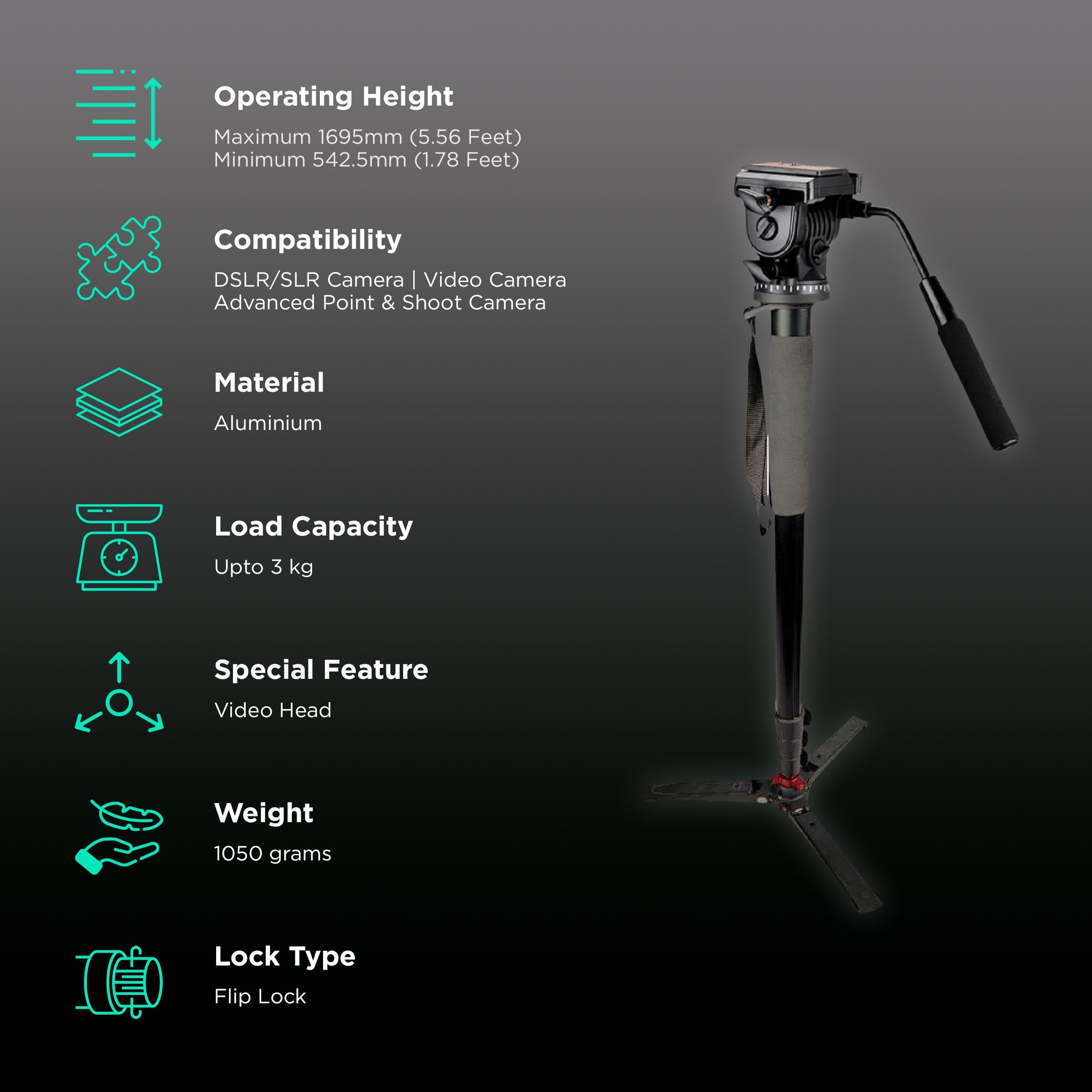 DigiTek DMP 70H 169.5cm Adjustable Monopod for Camera (3 Leg Base, Black)_2