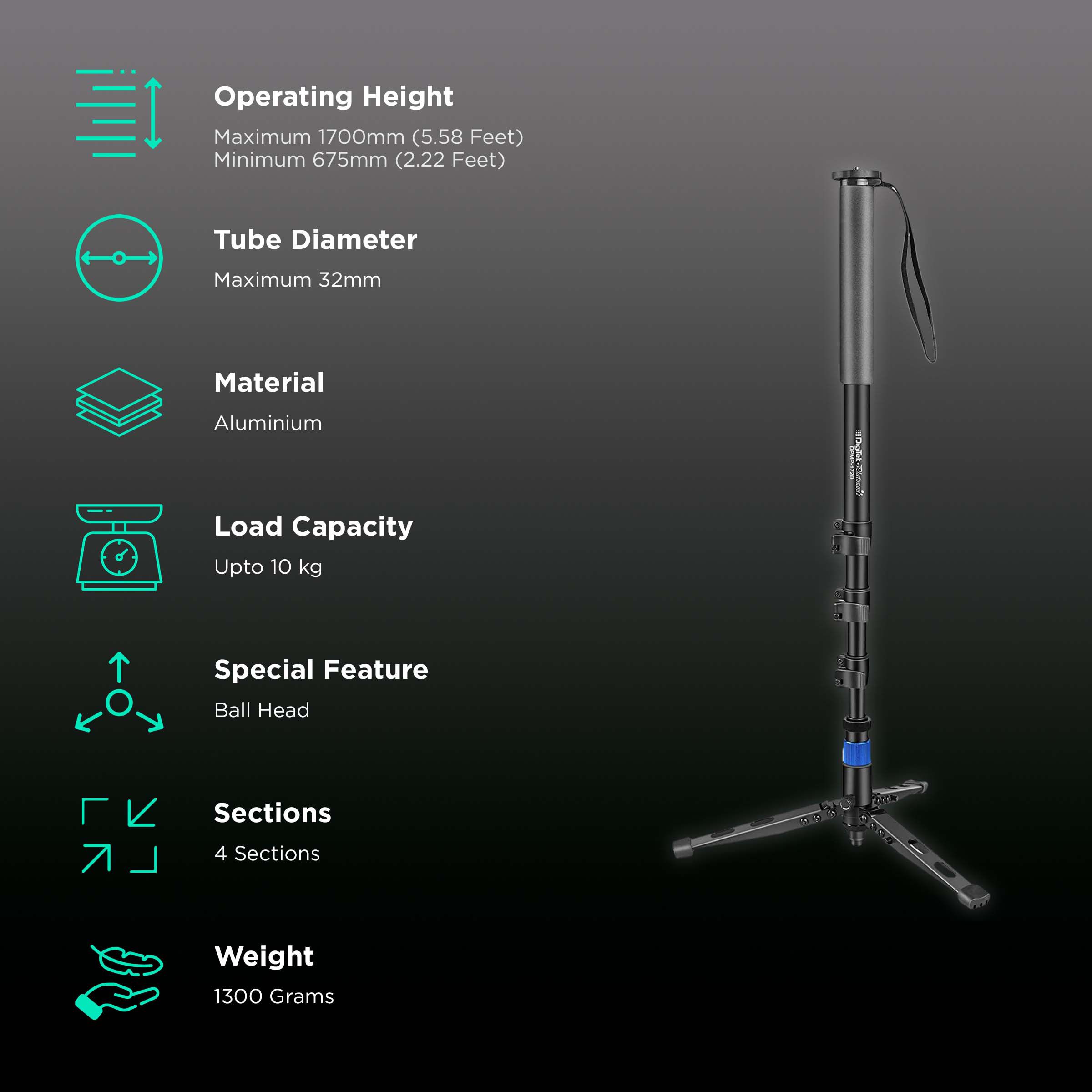 DigiTek DPMP 172B 170cm Adjustable Monopod for Mobile and Camera (Ultra Portable Cum Heavy Duty, Black)_2