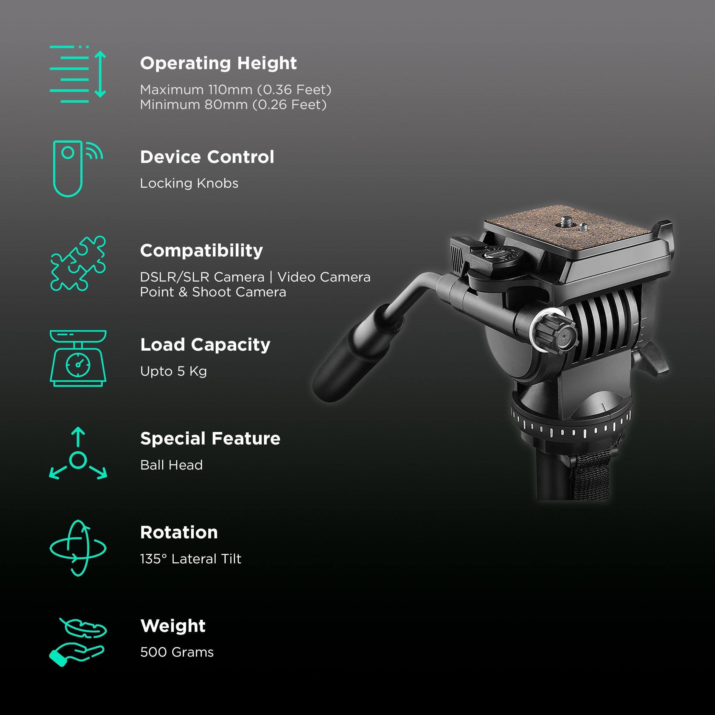 DigiTek DVH 001 PRO Tripod Mount for Camera (360 Degree Locking Knob, Black)_2